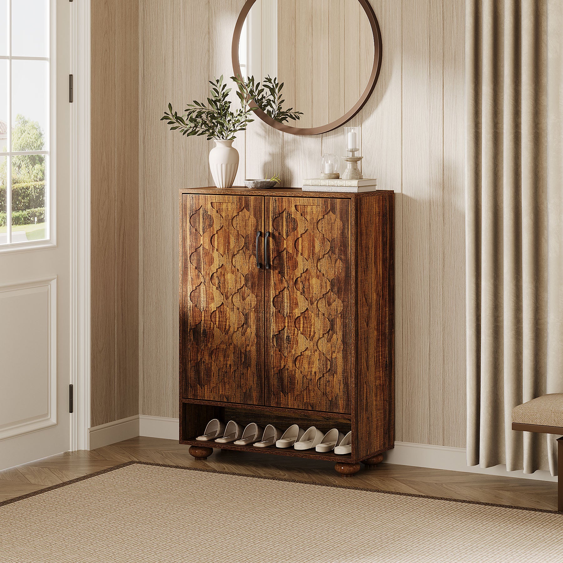 Tribesigns 31.5-Inch Solid Wood Shoe Cabinet for Entryway, Farmhouse Tall Shoe Storage Cabinet with Doors and Adjustable Shelves for Hallway