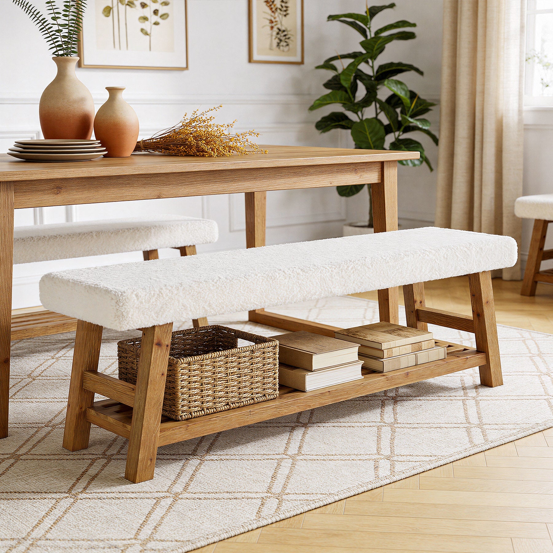 55-Inch Upholstered Dining Bench with Cushion and Storage Shelf