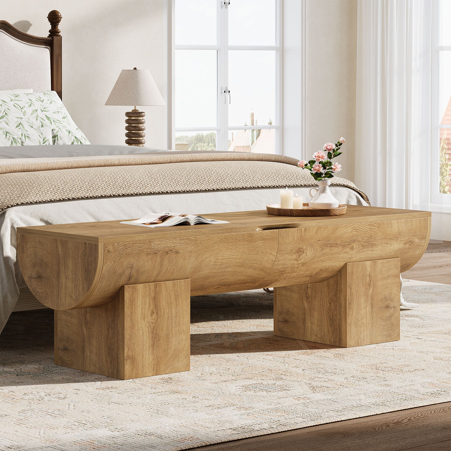 55.1-Inch Farmhouse Storage Bench with Flip-Top Storage and 2 Safety Hinges