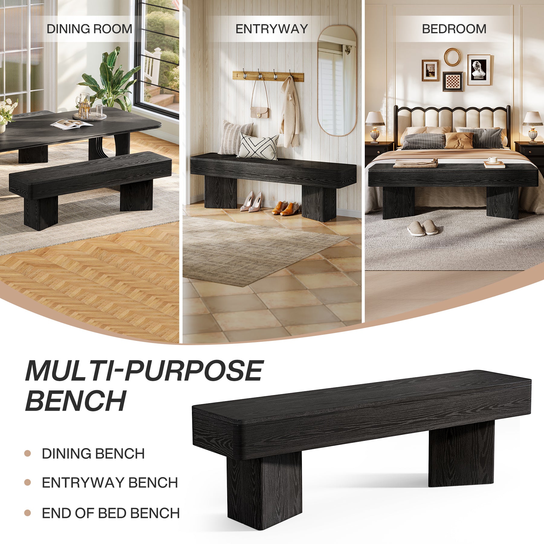 47.24-Inch Modern Indoor Bench with Black Finish and Rounded Edges，Modern Wooden Bench for Entryway