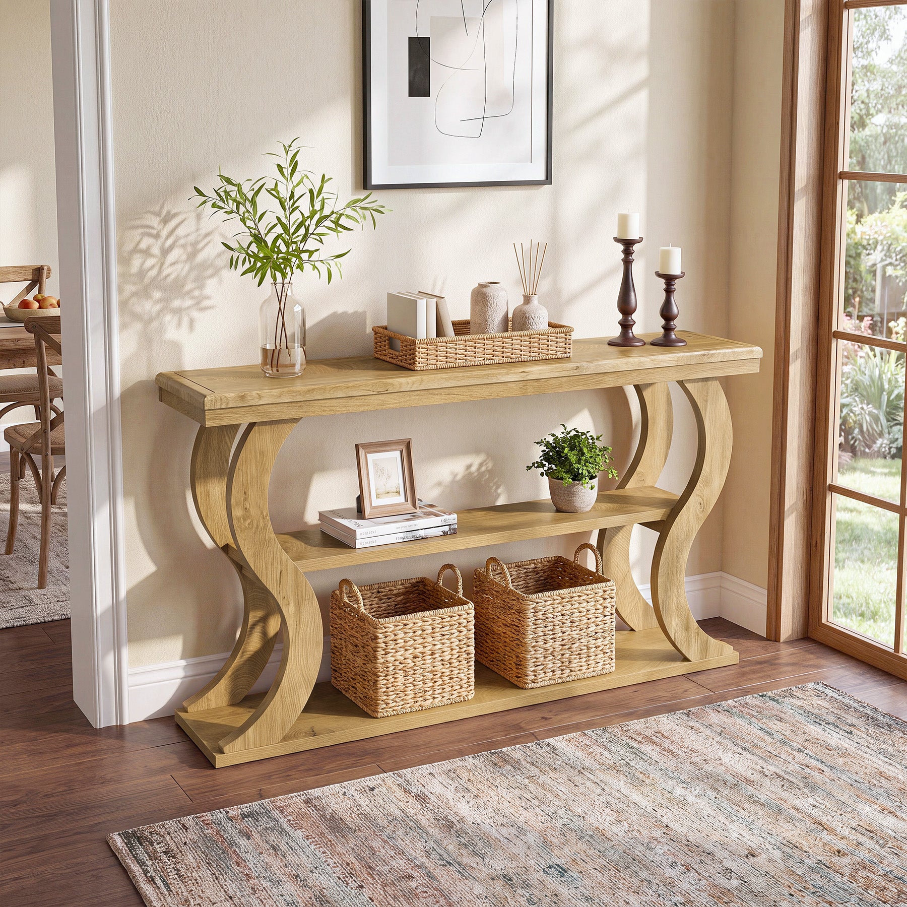 Tribesigns 55 Inch Console Table with 3-Tier Storage, Farmhouse Hallway Table with Wave Legs