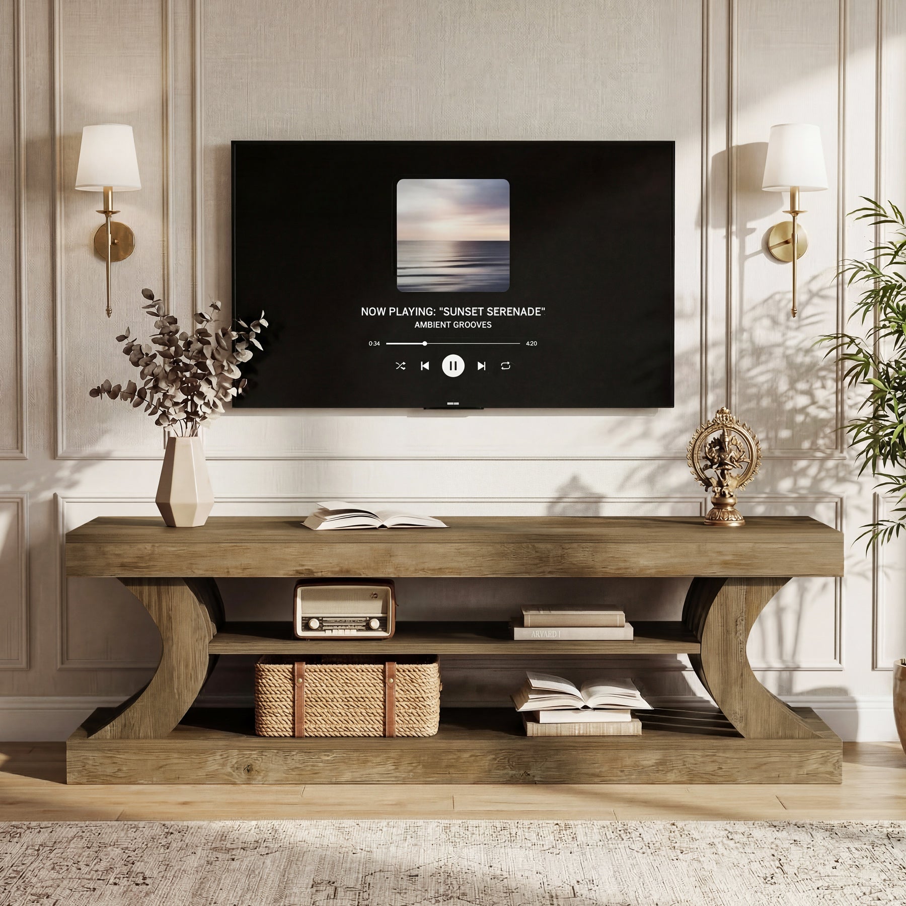 Tribesigns 63-Inch Farmhouse TV Stand with 3-Tier Storage, Curved Media Console for Living Room