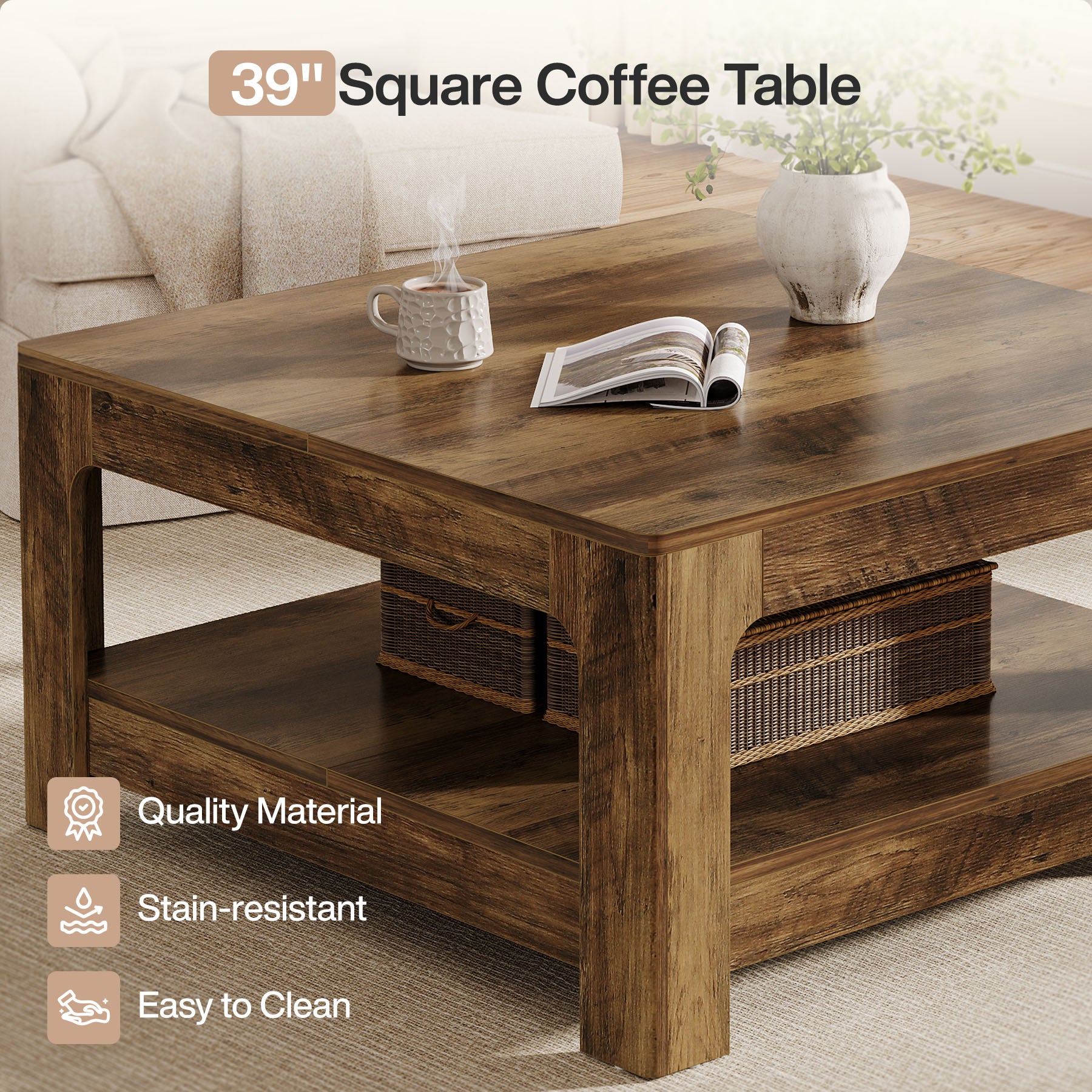 Tribesigns 39.4-Inch Square Coffee Table, Large Farmhouse Center Table with Storage Shelf for Living Room