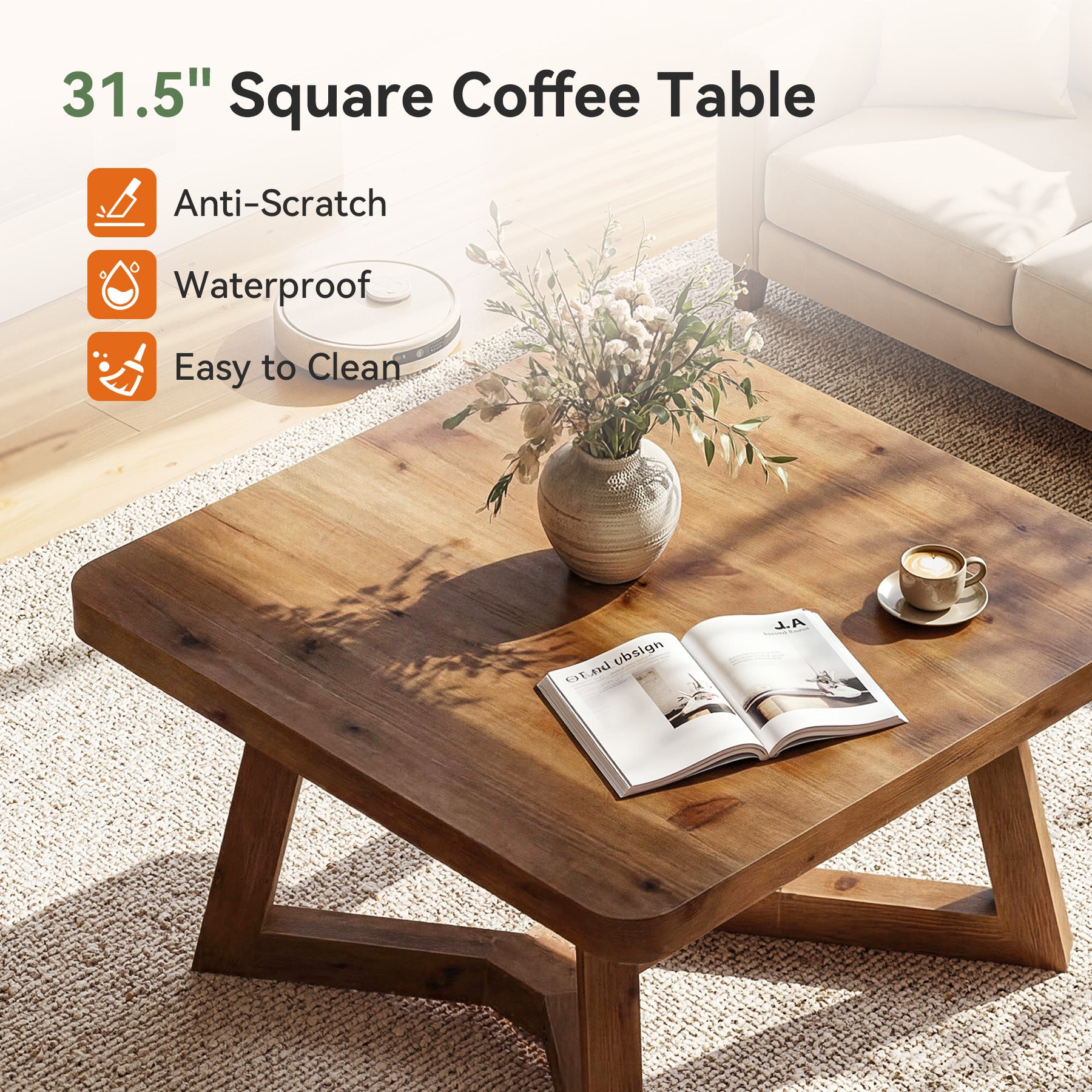 31.5 Inch Solid Wood Square Coffee Table, Farmhouse Center Table with Pedestal for Living Room
