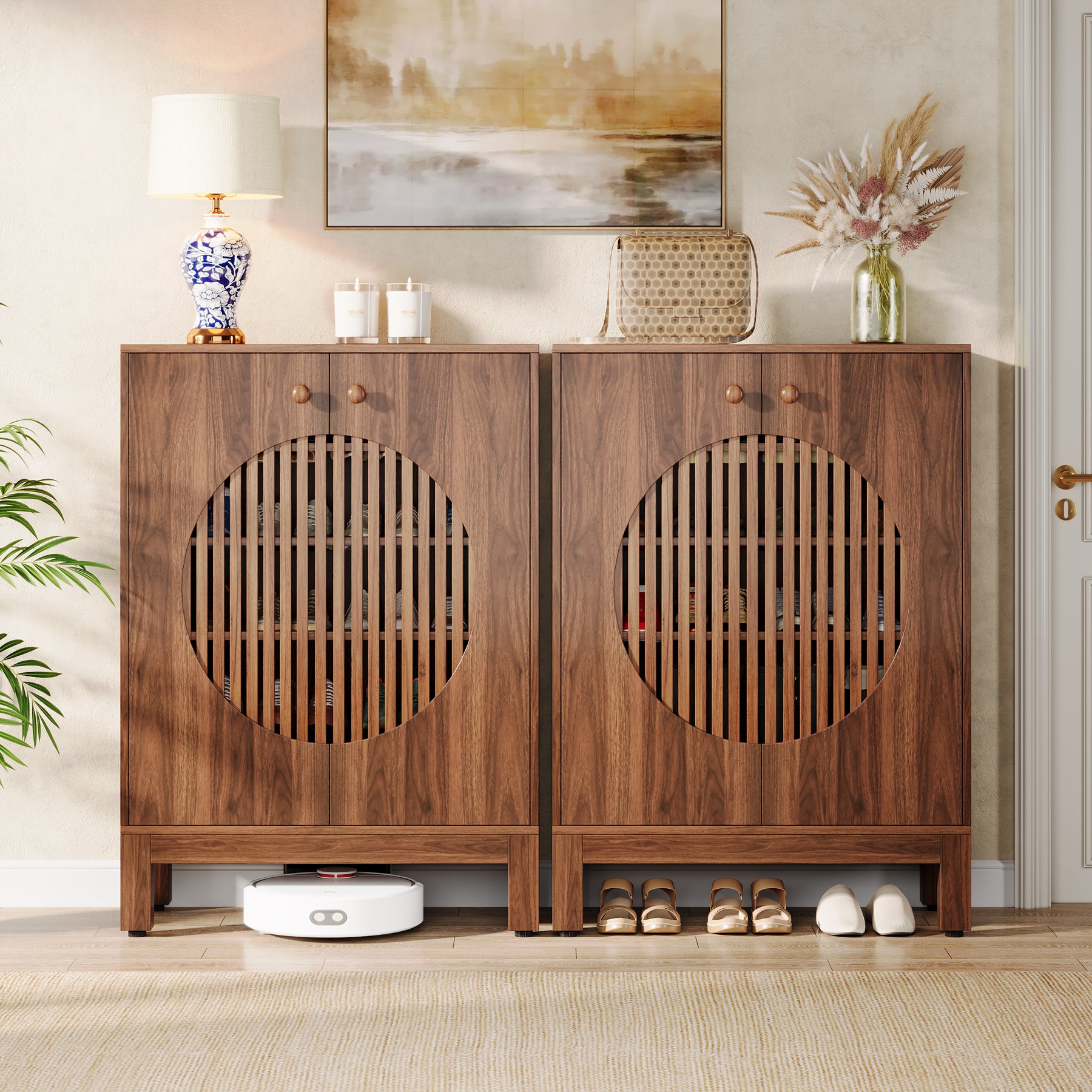 Tribesigns 5-Tier Shoe Cabinet, 20-Pair Farmhouse Shoe Storage Organizer with Round Louvered Doors for Entryway