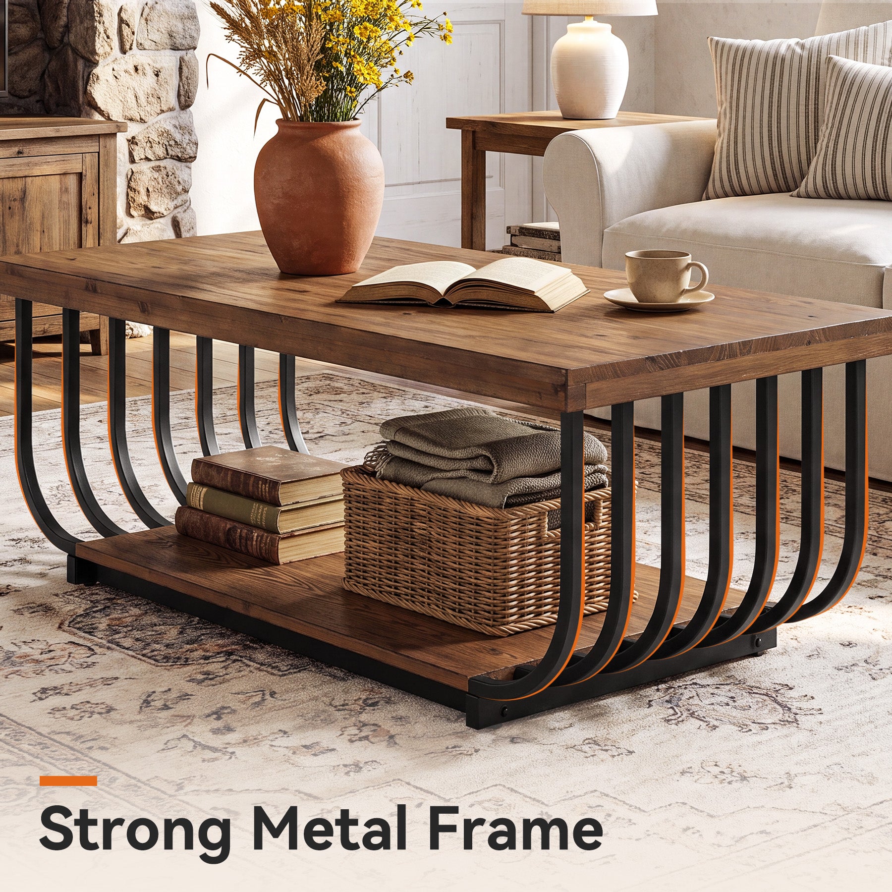 Tribesigns 47-Inch Solid Wood Coffee Table with 2-Tier Storage, Rectangular Table for Living Room