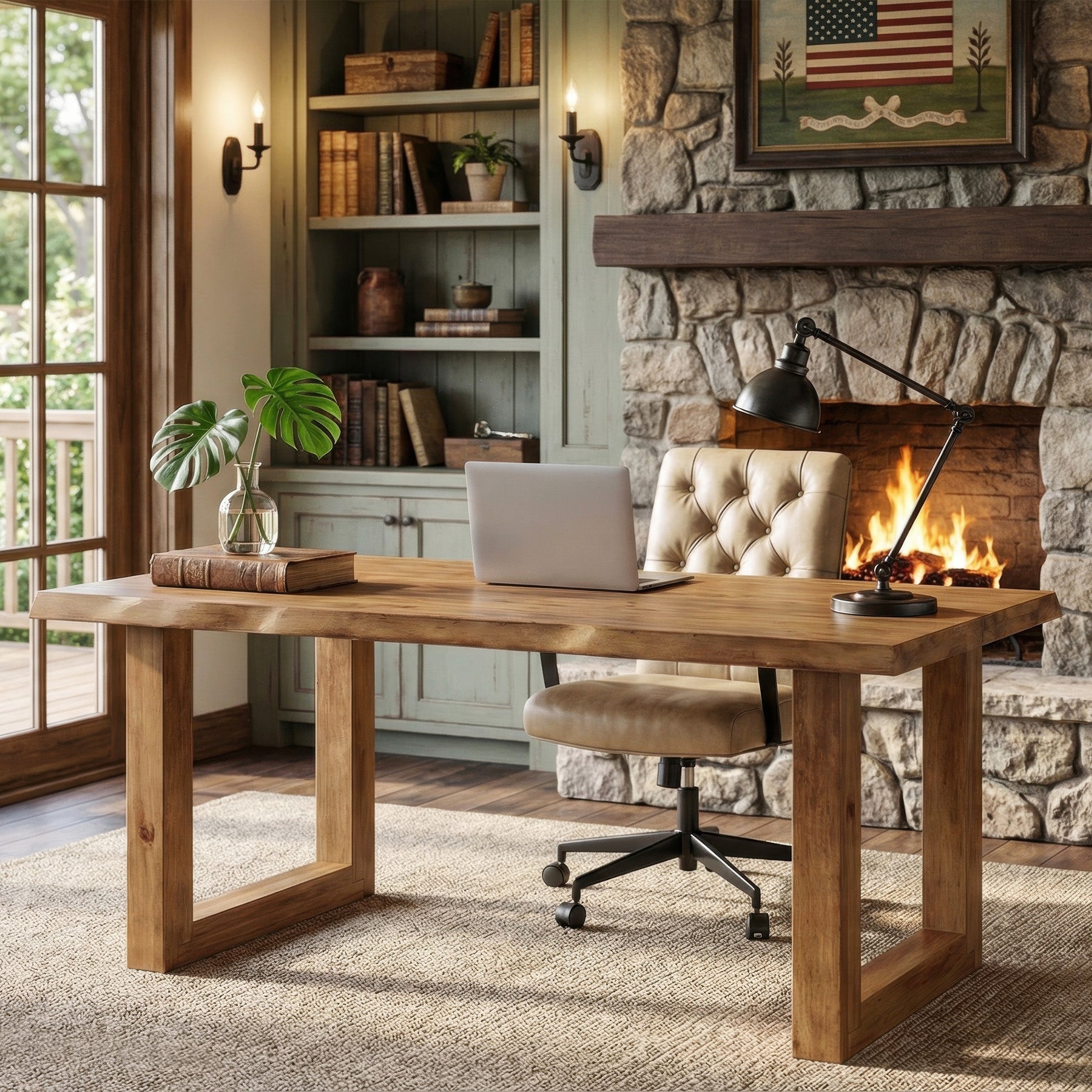 63-Inch Solid Wood Computer Desk with Live Edge Top, Rectangular Executive Desk for Home Office