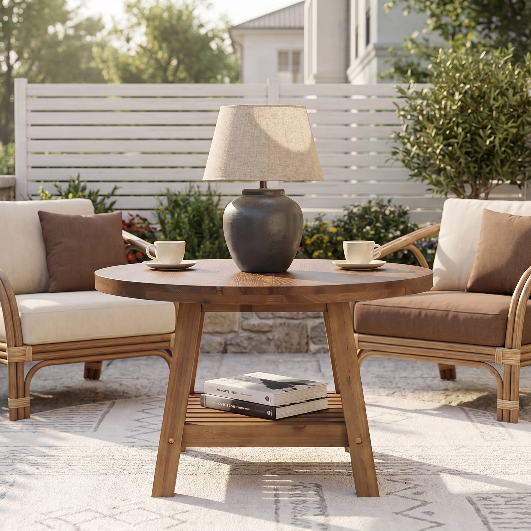 31.5 Inch Solid Wood Round Coffee Table with 2-Tier Storage, Living Room Center Table