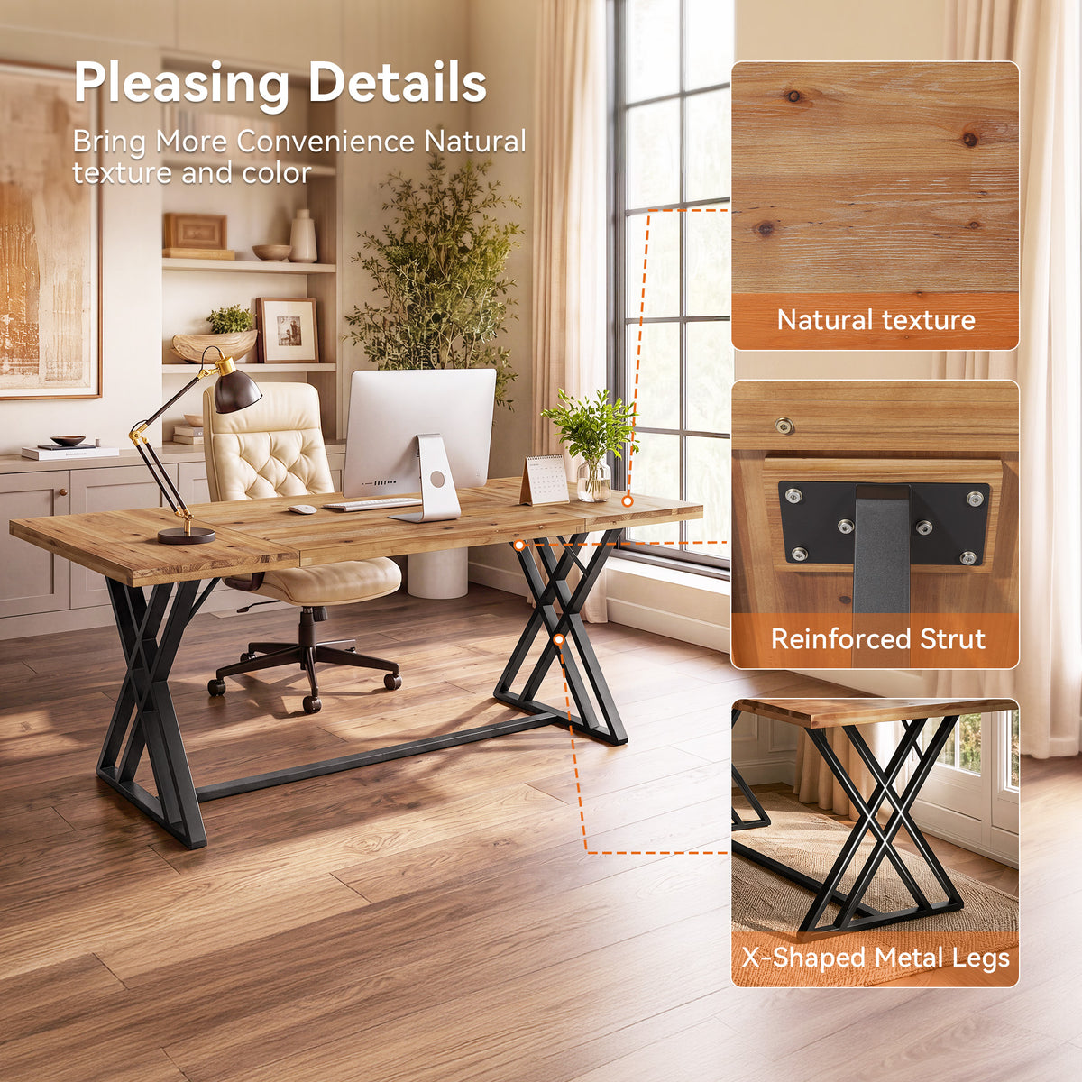 Tribesigns 63 Inch Solid Wood Computer Desk with X-Shaped Metal Legs, Farmhouse Home Office Desk