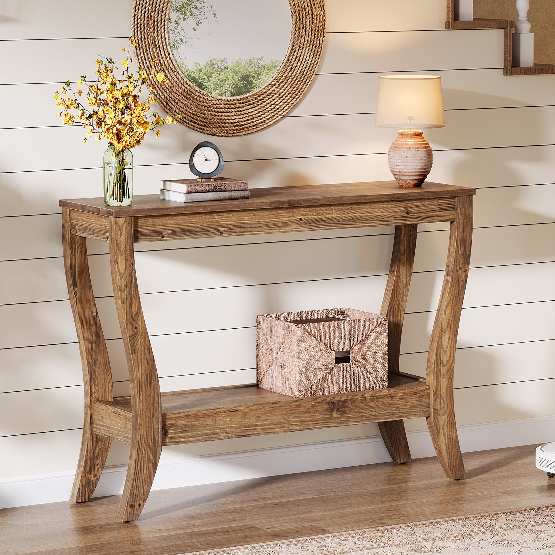 41.3-Inch Solid Wood Console Table with Storage Shelf, Farmhouse 2-Tier Entryway and Sofa Table for Living Room and Hallway