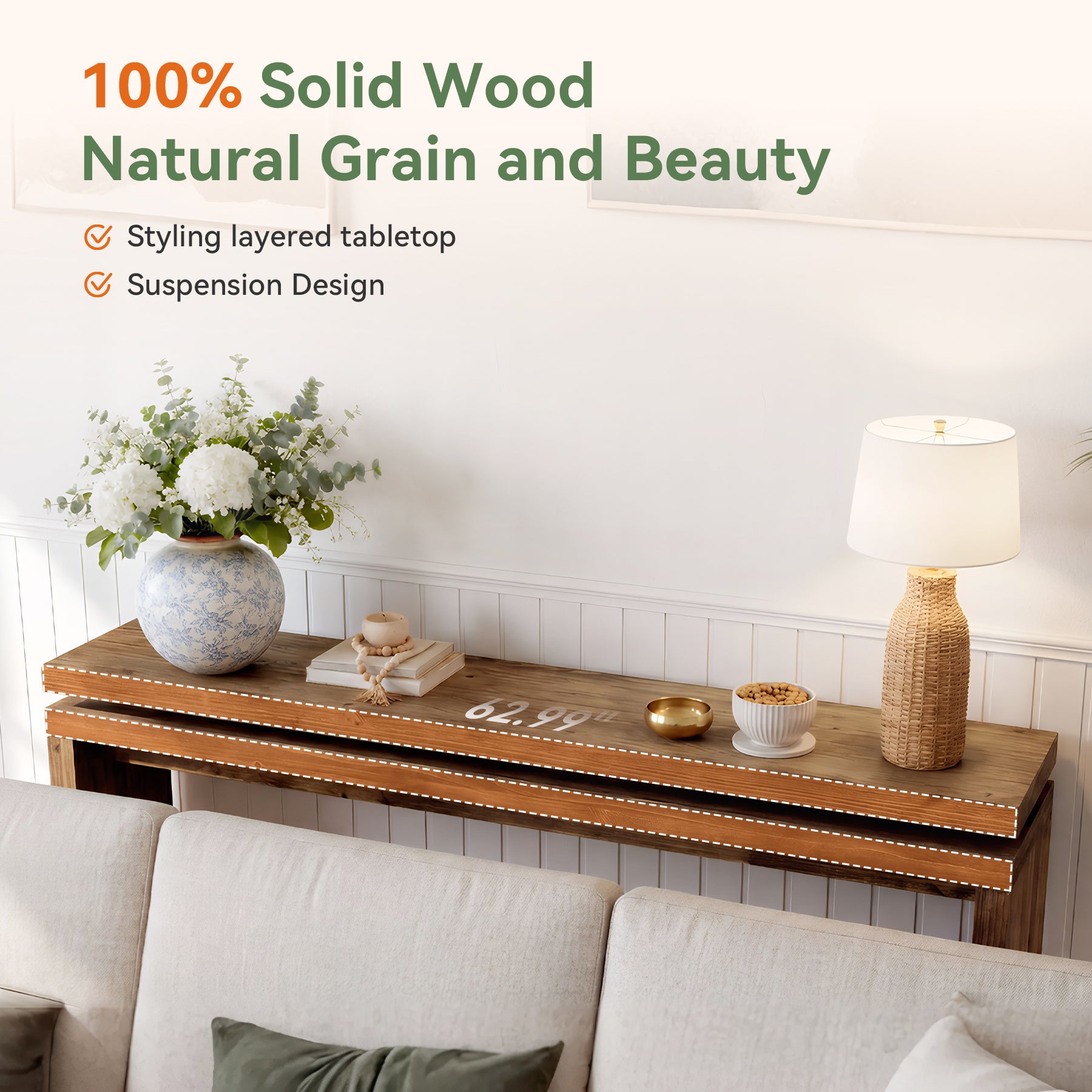 Tribesigns 63-Inch Solid Wood Console Table with Double-Layer Top, Farmhouse Sofa Table for Entryway Hallway and Behind Couch