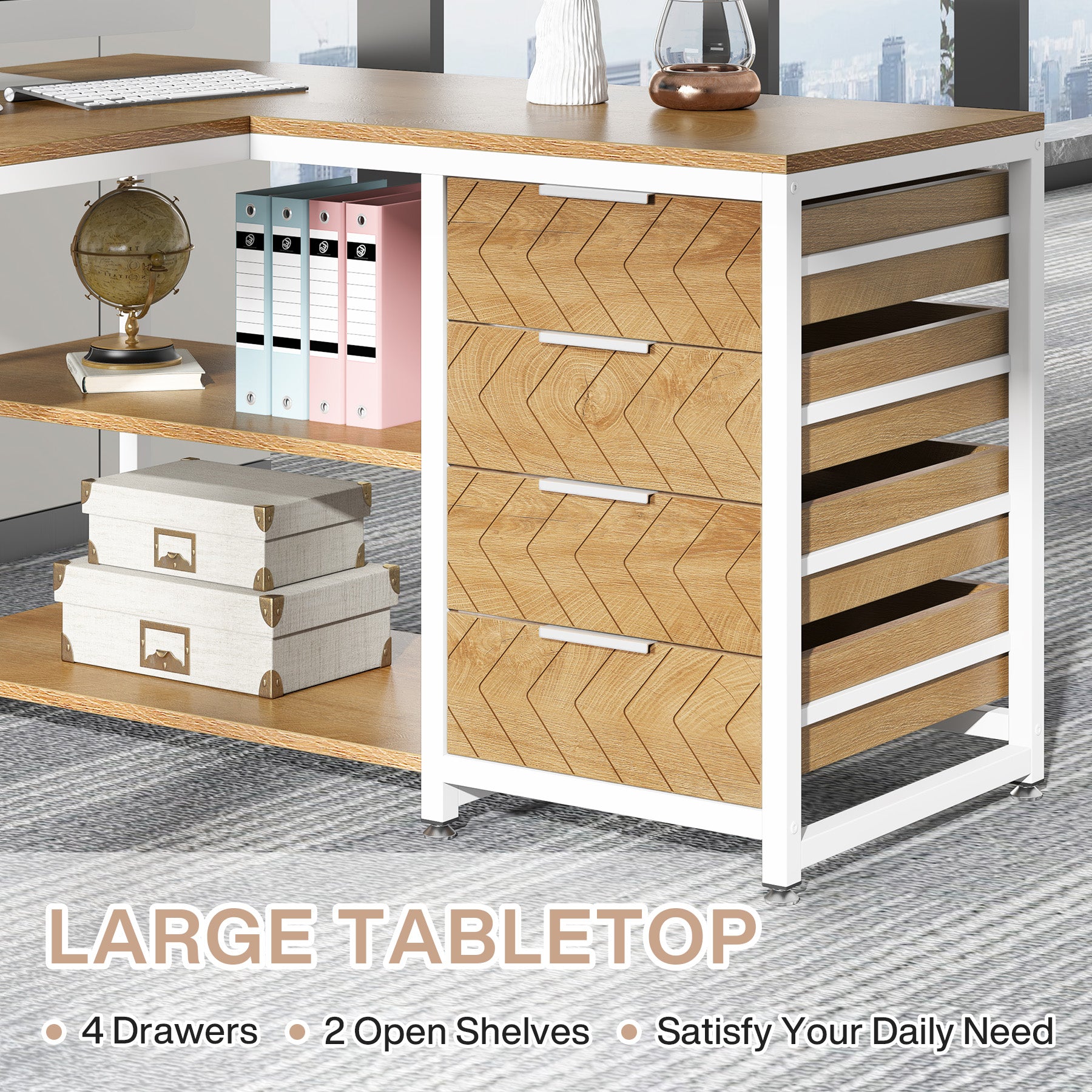 59" L-Shaped Desk, Reversible Corner Computer Desk with Drawers and Shelves