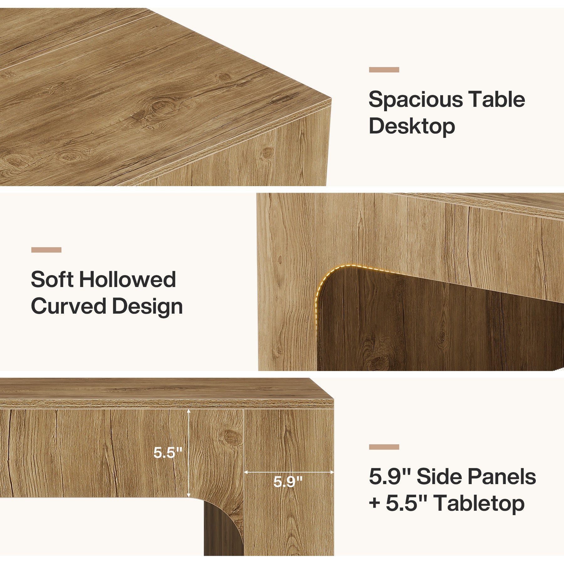 39 Inch Square Coffee Table, Farmhouse Wooden Center Table with Curved Design for Living Room