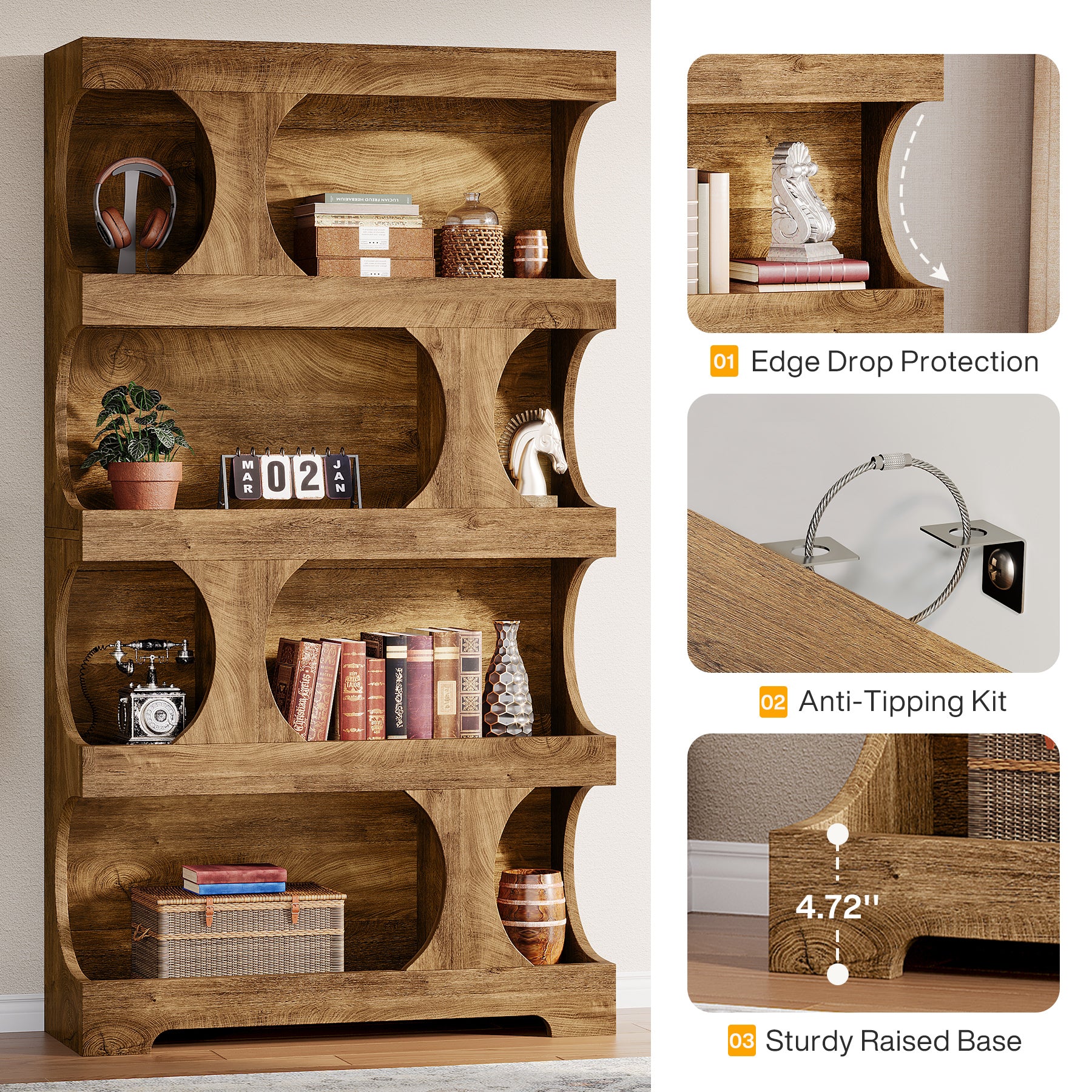 Tribesigns 71-Inch Tall S-Shaped Bookshelf, 4-Tier Wood Display Shelf for Living Room Office