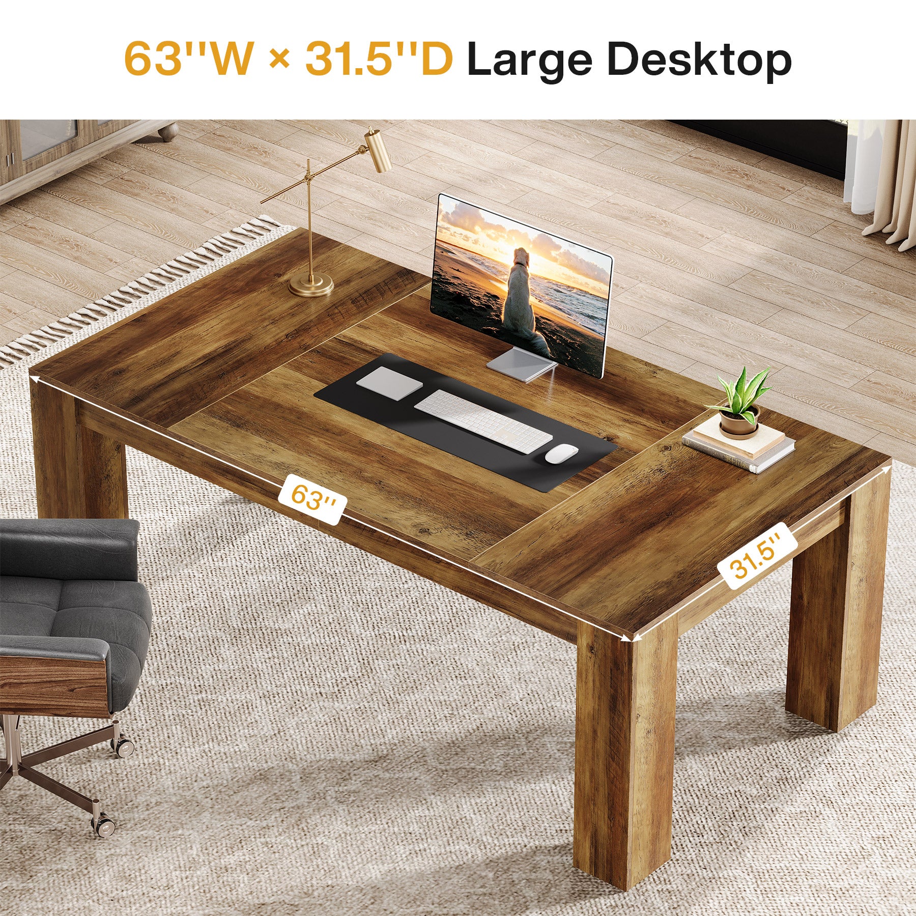 Tribesigns 63 Inch Executive Desk, Large Rustic Computer Desk with Spacious Workstation for Home Office