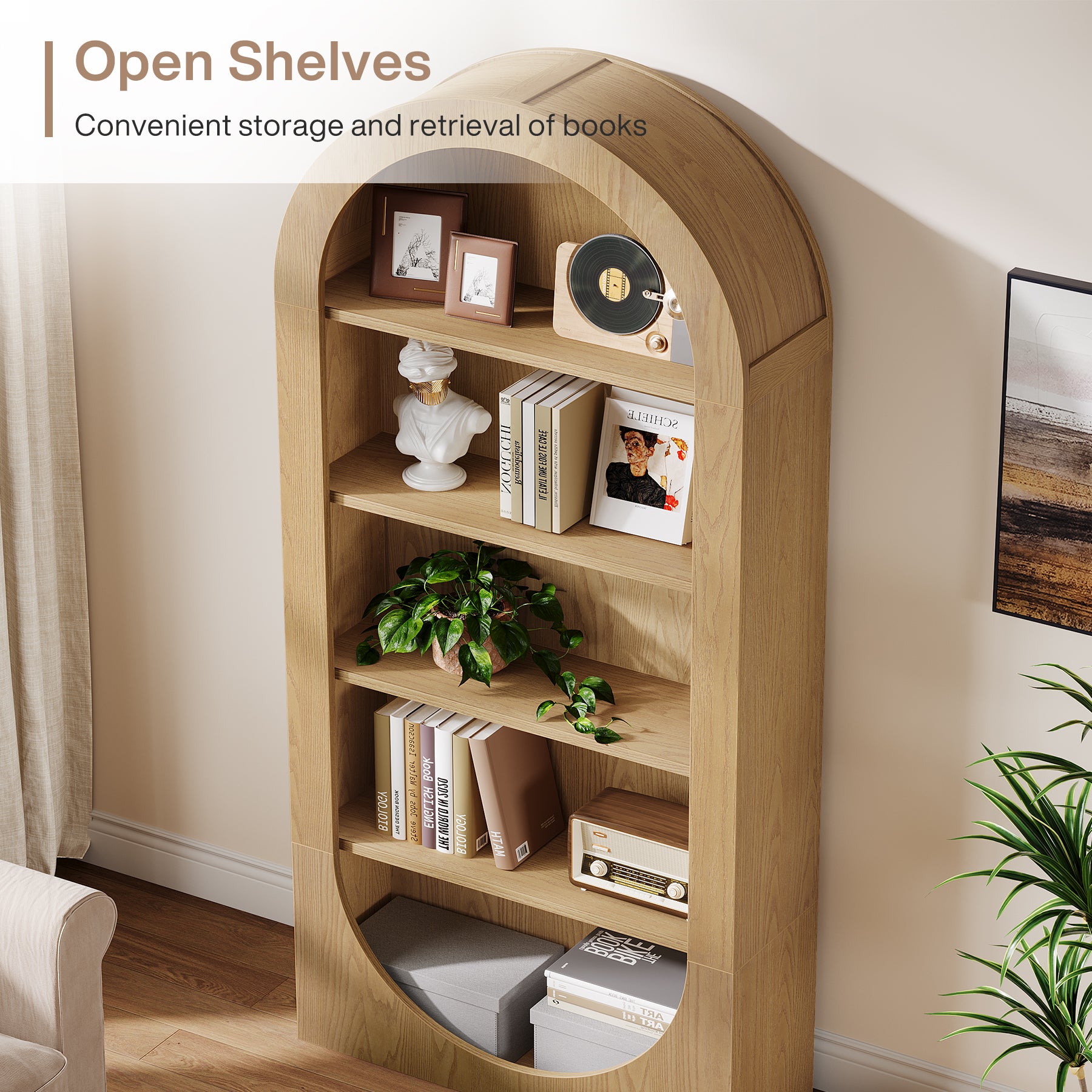 71 Inch Tall Bookshelf with 5 Tier Shelves, Arched Bookcase for Living Room Home Office