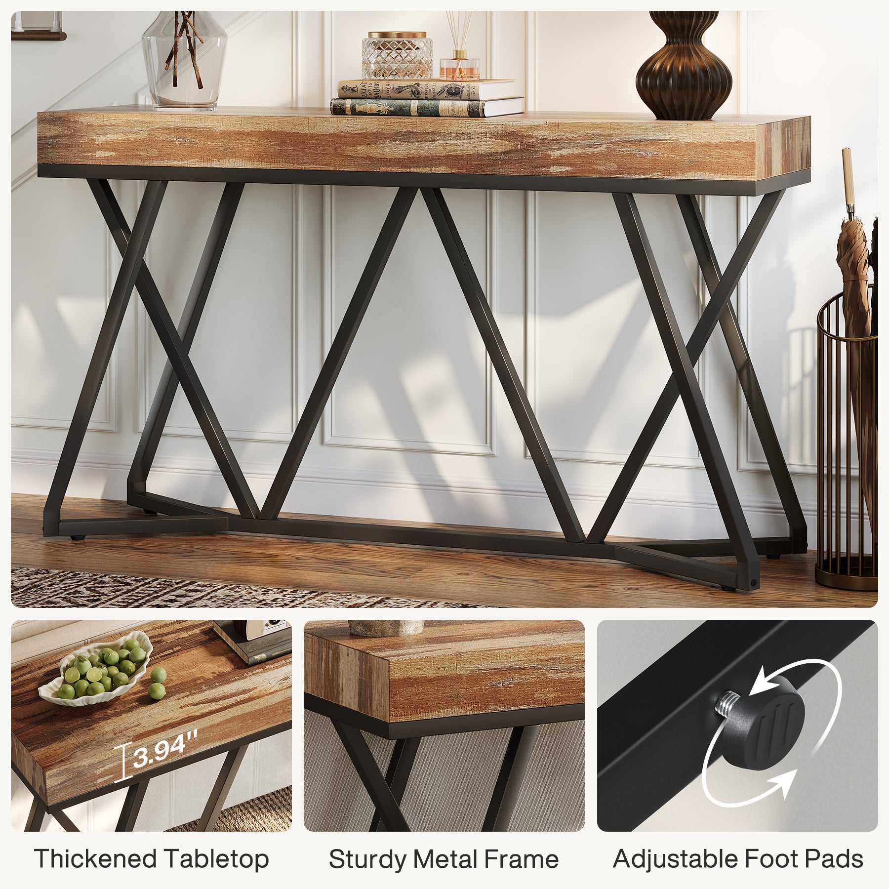 Farmhouse Console Table, 55" Sofa Table Wood Entryway Table