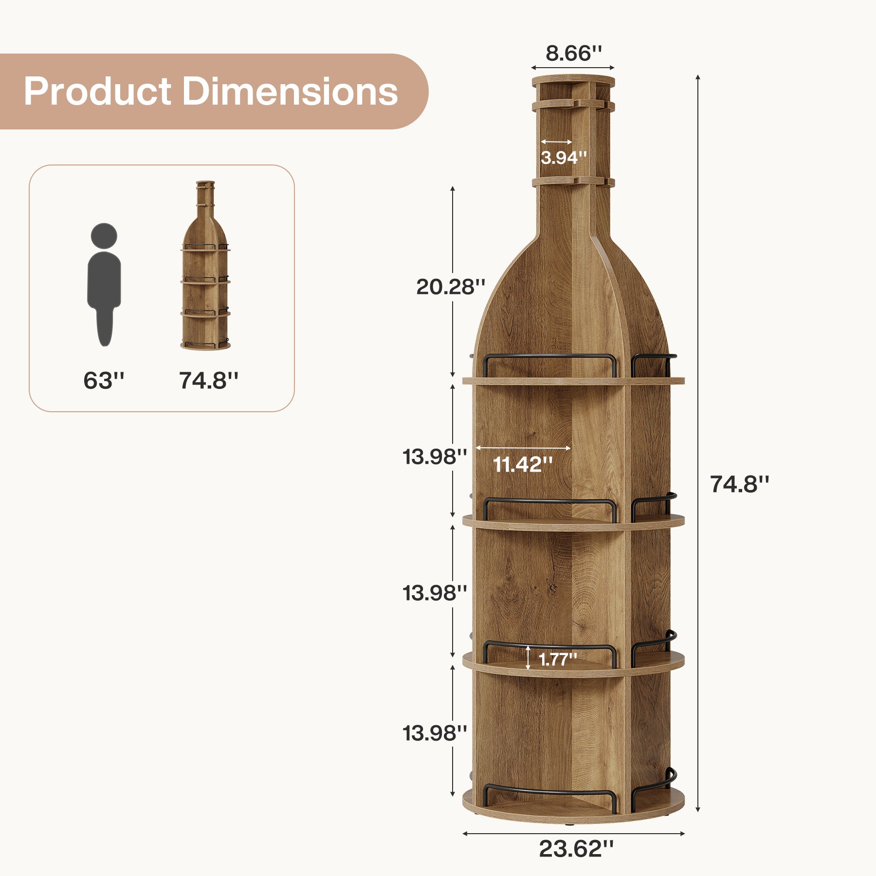 Tribesigns 74.8 Inch Tall Round Wine Rack with Storage Shelves and Glass Holder, Freestanding Wine Bar Cabinet for Home Bar