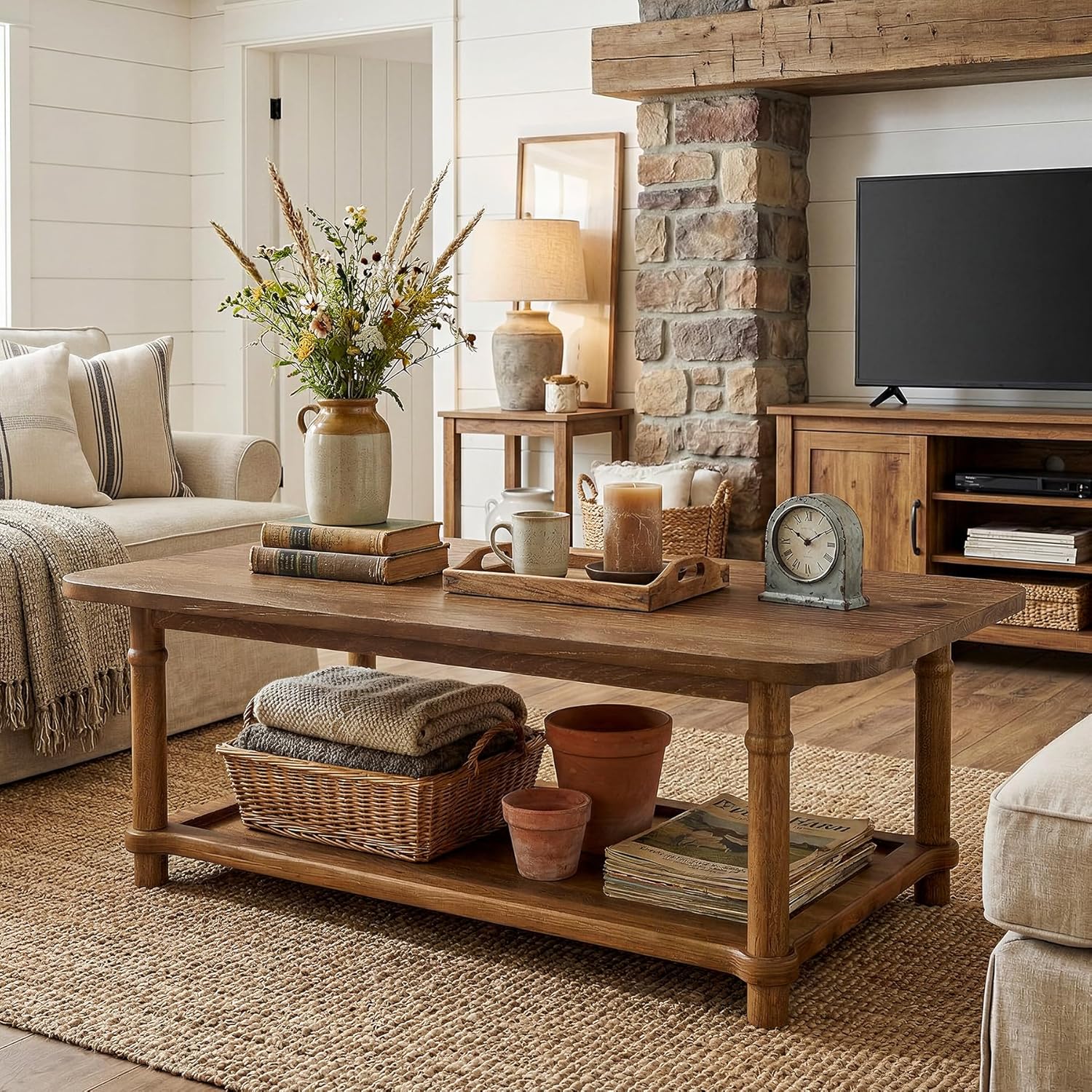47-Inch Rectangle Coffee Table, Solid Wood 2-Tier Storage Table for Living Room