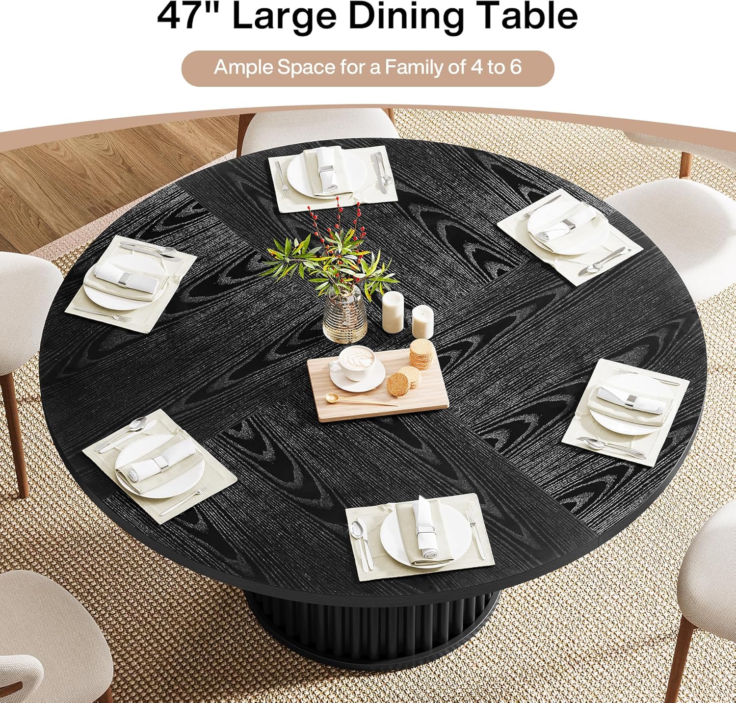 47" Round Dining Table for 4–6 People, Modern Farmhouse Kitchen Table with Fluted Pedestal Base