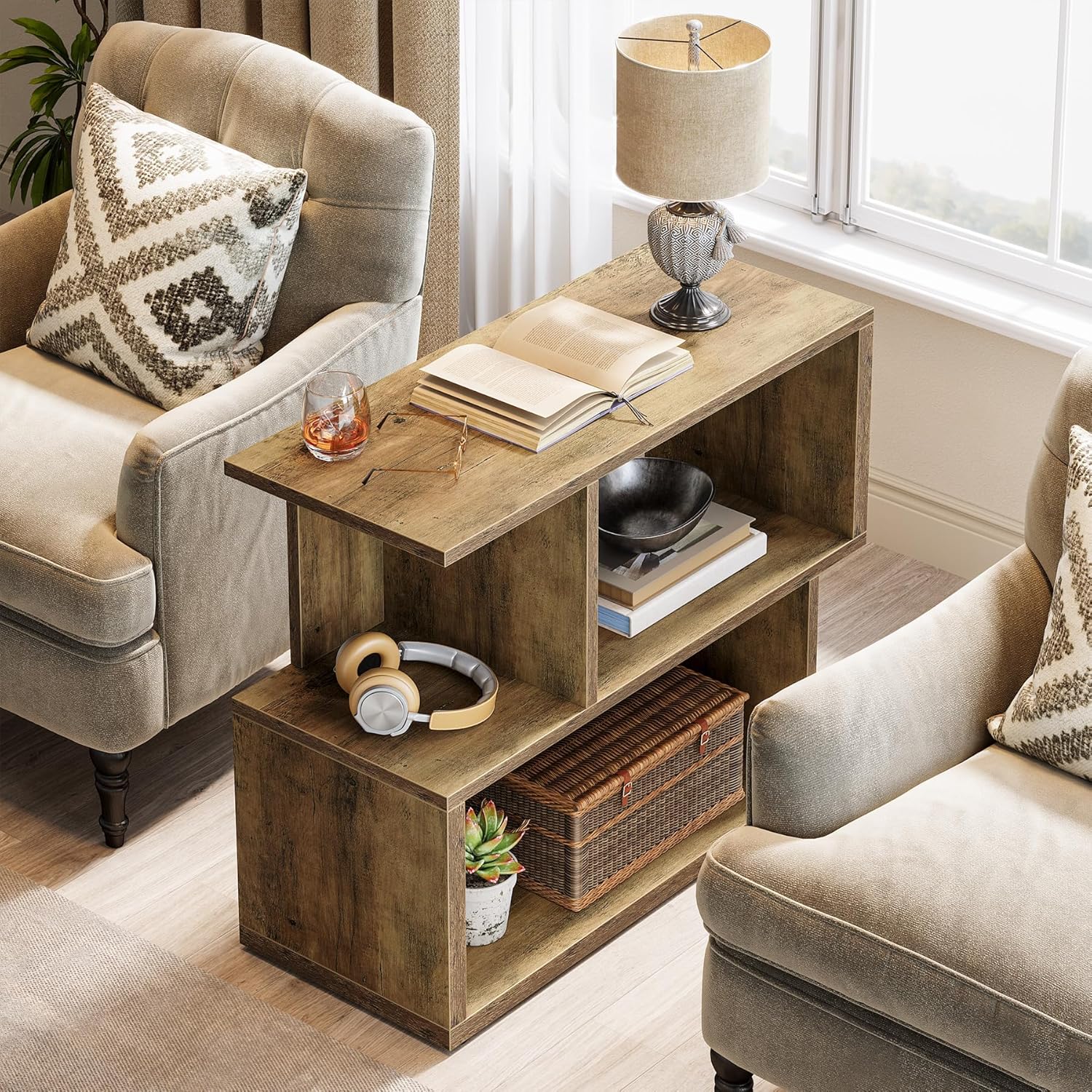 2-Tier End Table, Rustic Sofa Side Table with Storage Shelf for Living Room