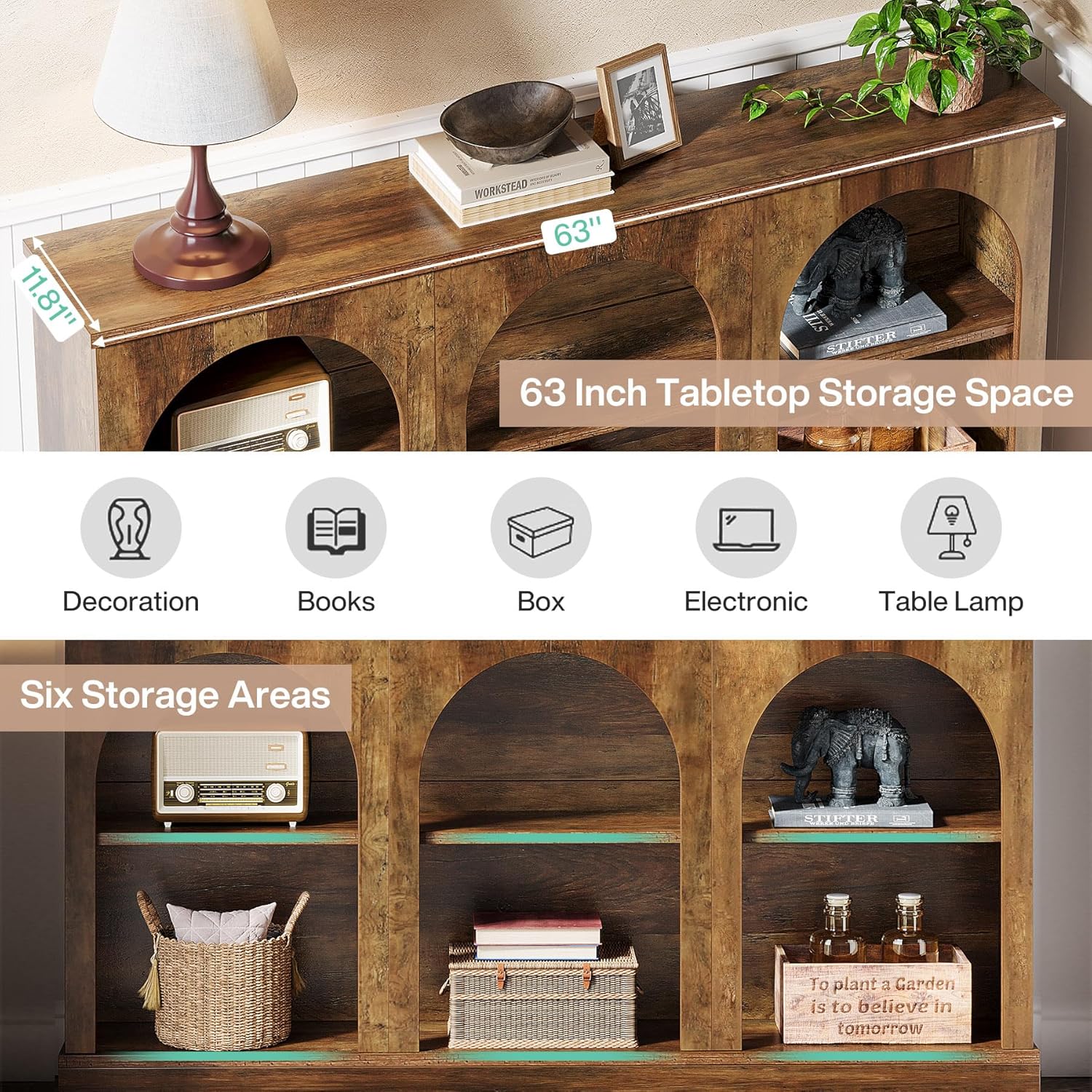 63" Farmhouse Console Table - 3-Tier Sofa Table w/Storage