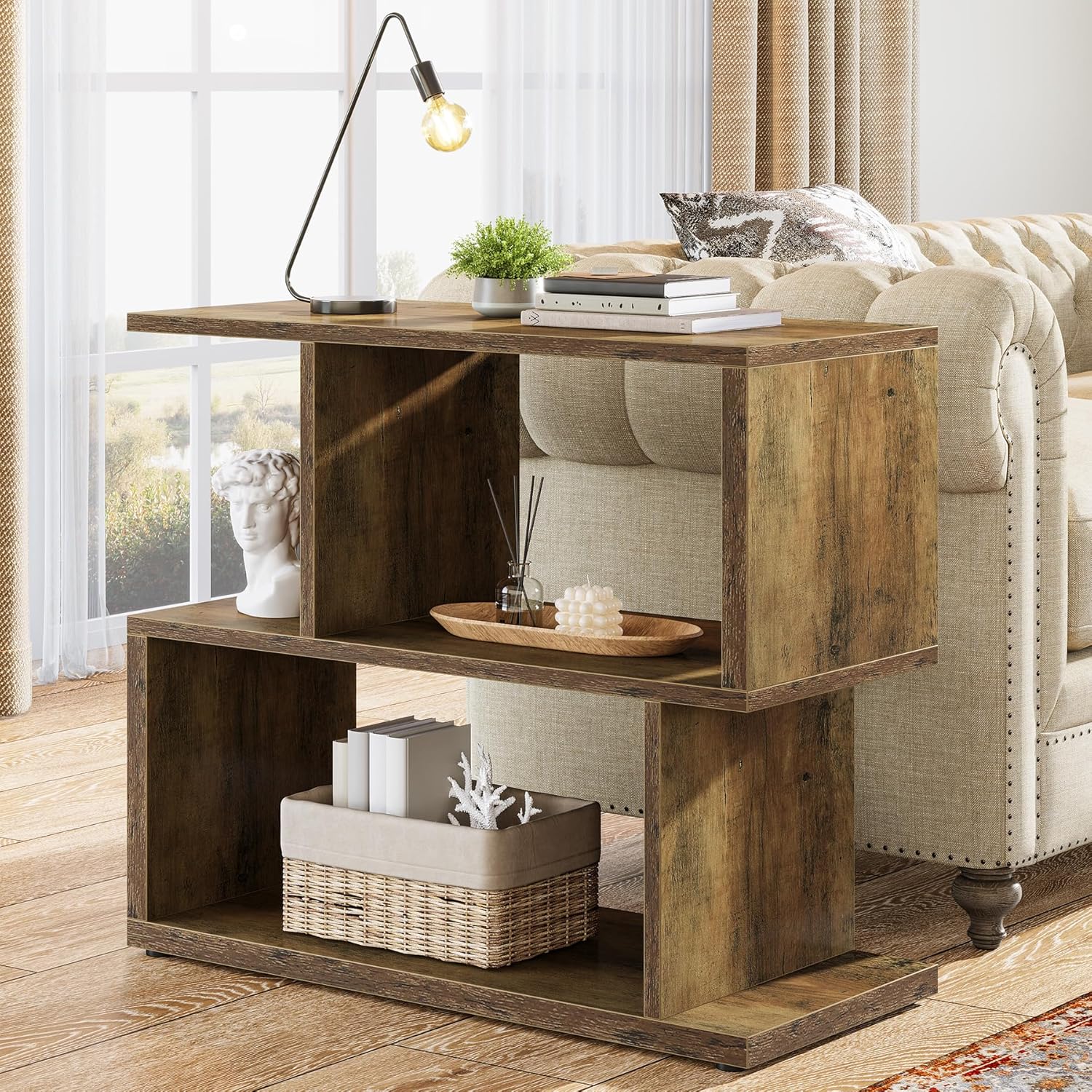 2-Tier End Table, Rustic Sofa Side Table with Storage Shelf for Living Room