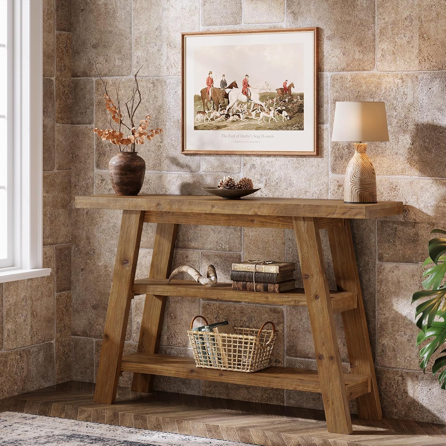 47.24" Solid Wood  Farmhouse Console Table, 3-Tier Shelf Entryway Table for Hallway & Living Room