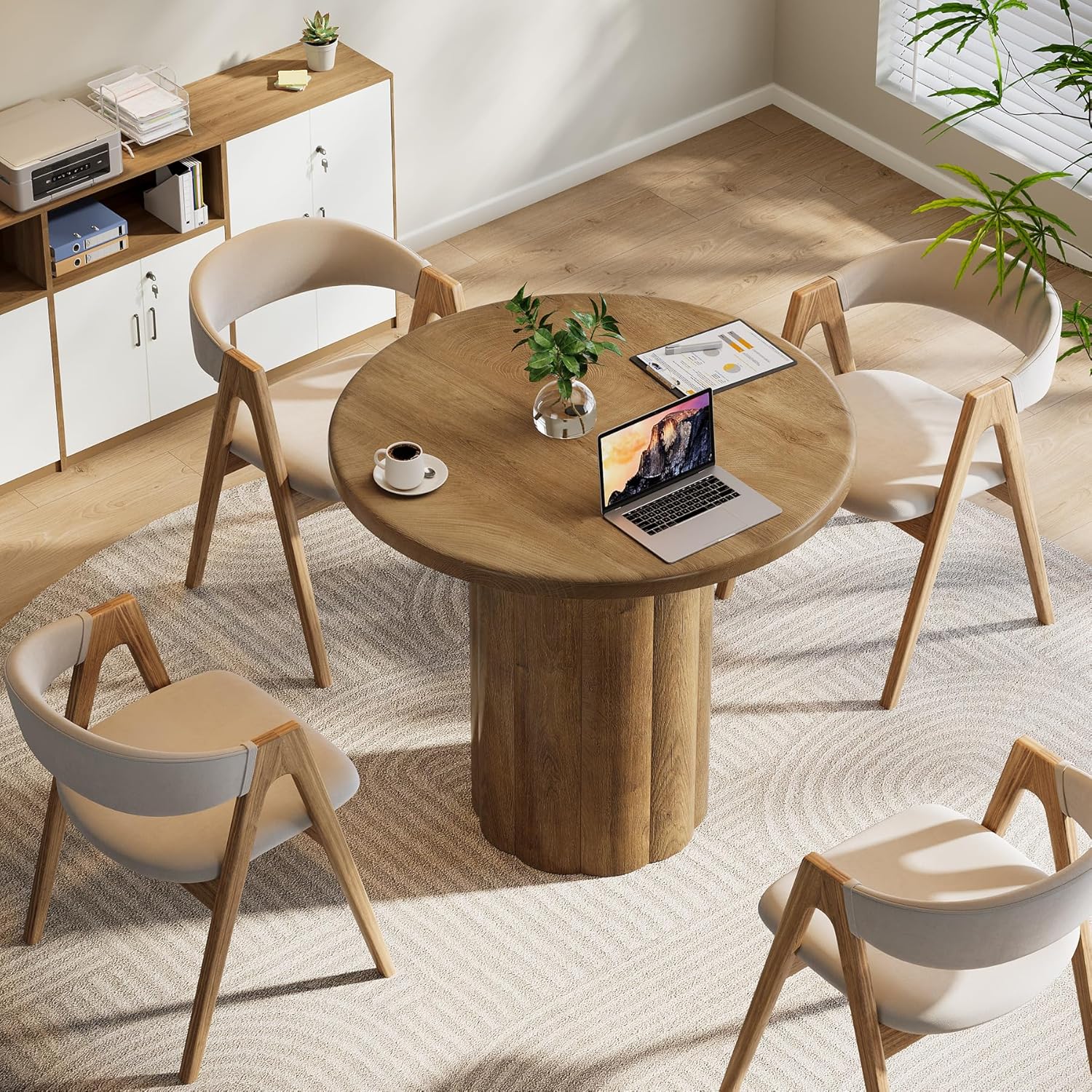 31.5" Round Conference Table - 4-Person Office Desk for Meeting Room & Lounge in Brown