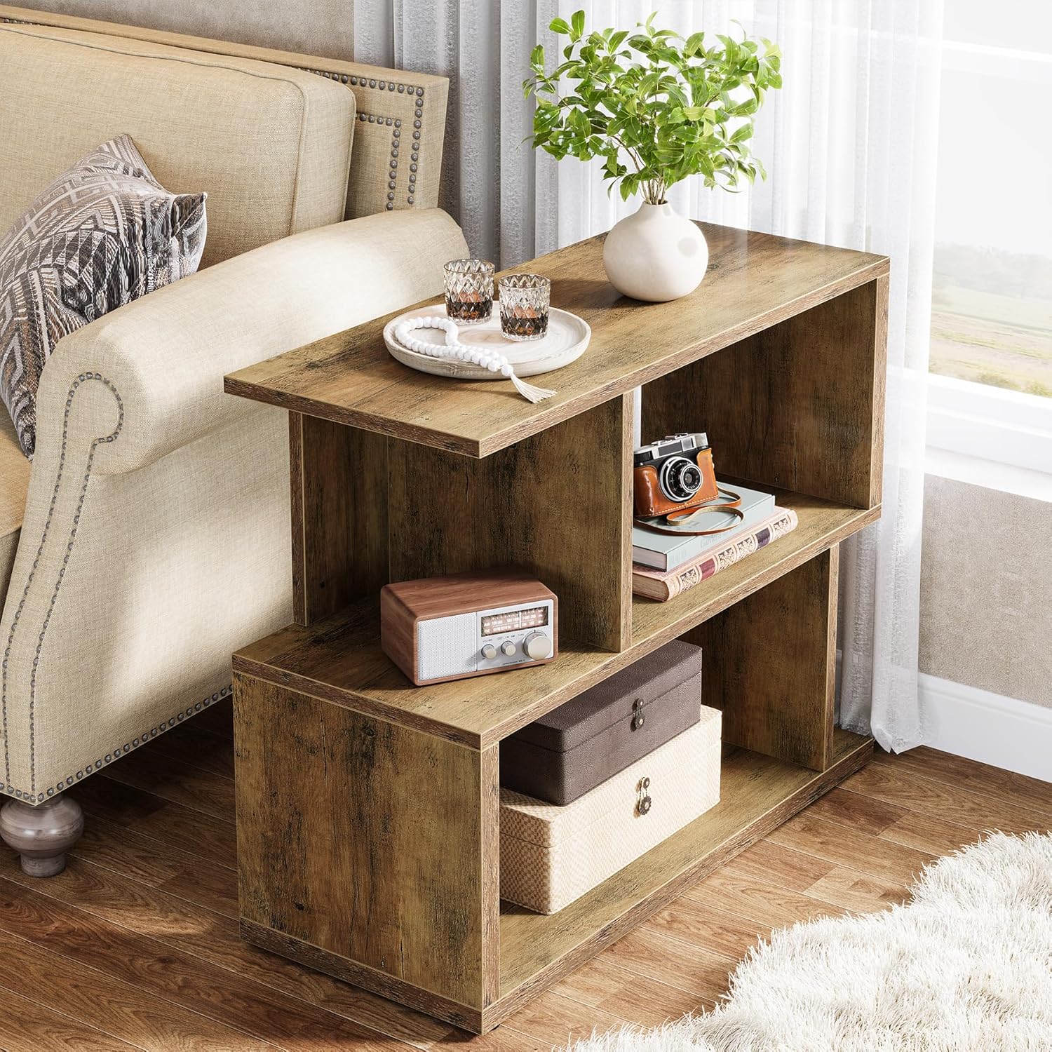 2-Tier End Table, Rustic Sofa Side Table with Storage Shelf for Living Room
