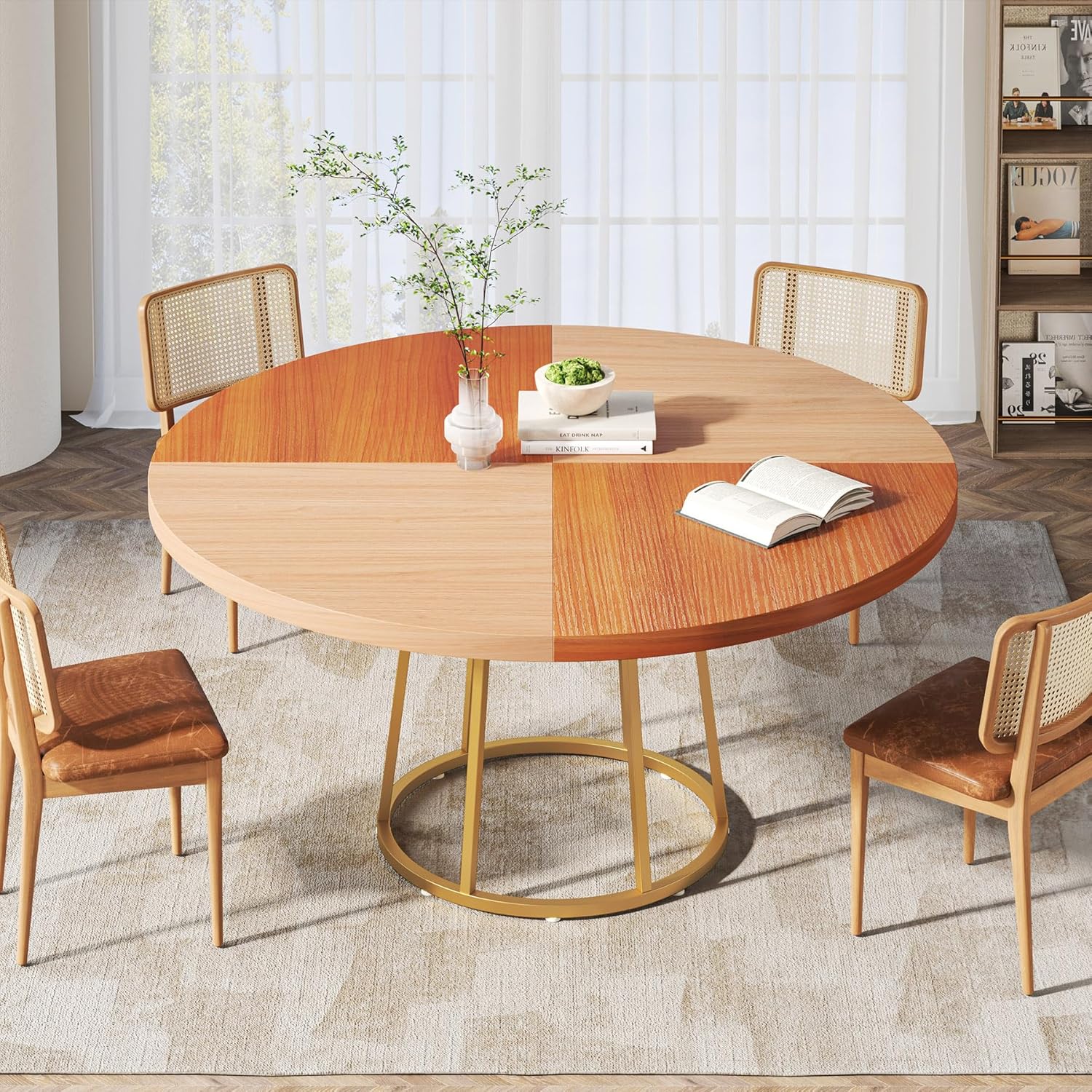 47" Round Wood Table - Gold Maple Top, Golden Metal Base