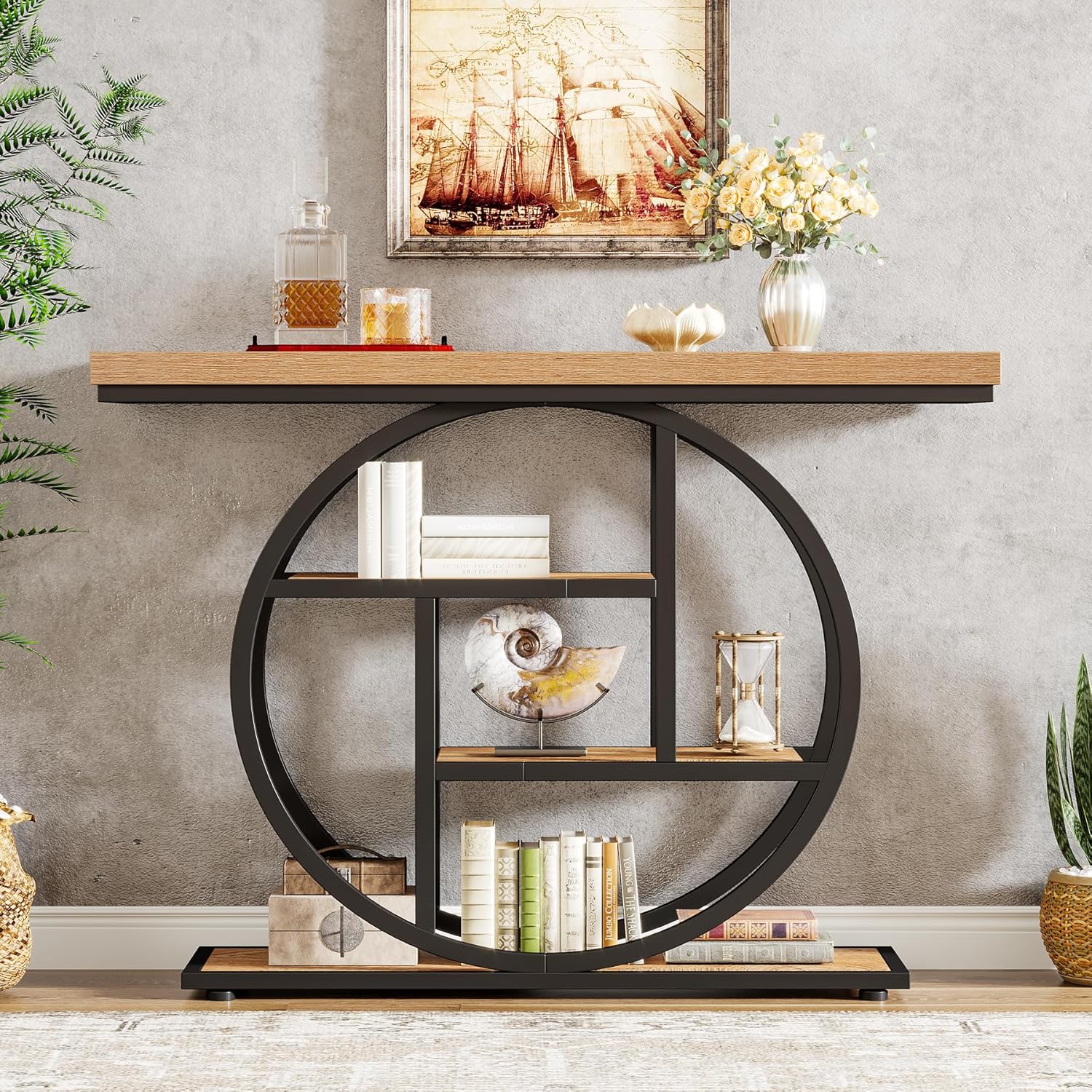 41.3" Console Table, Industrial 4-Tier Sofa Entryway Table with Circle Base