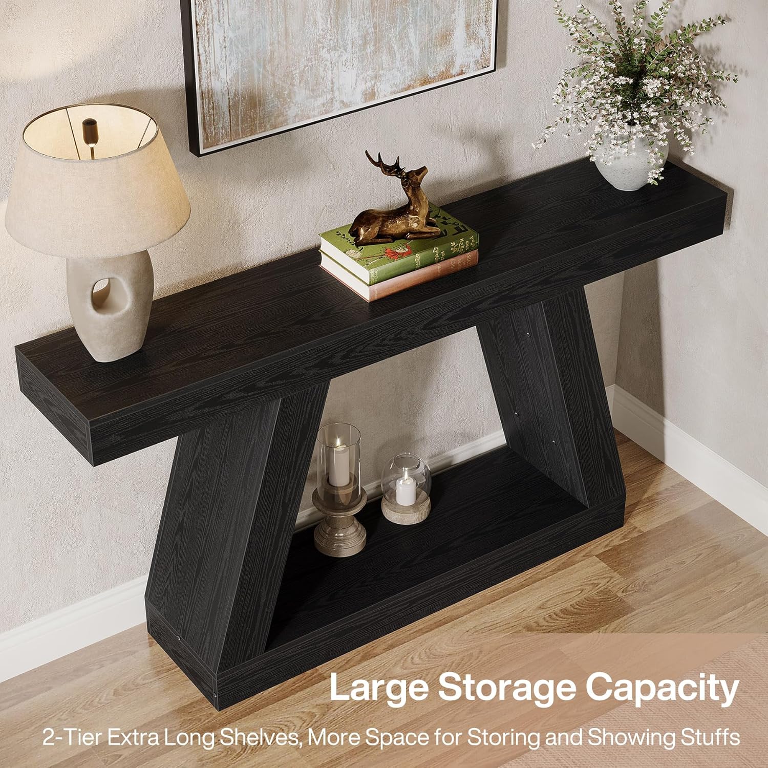 55-Inch Farmhouse Console Table, Rustic Wooden Sofa Table with Storage