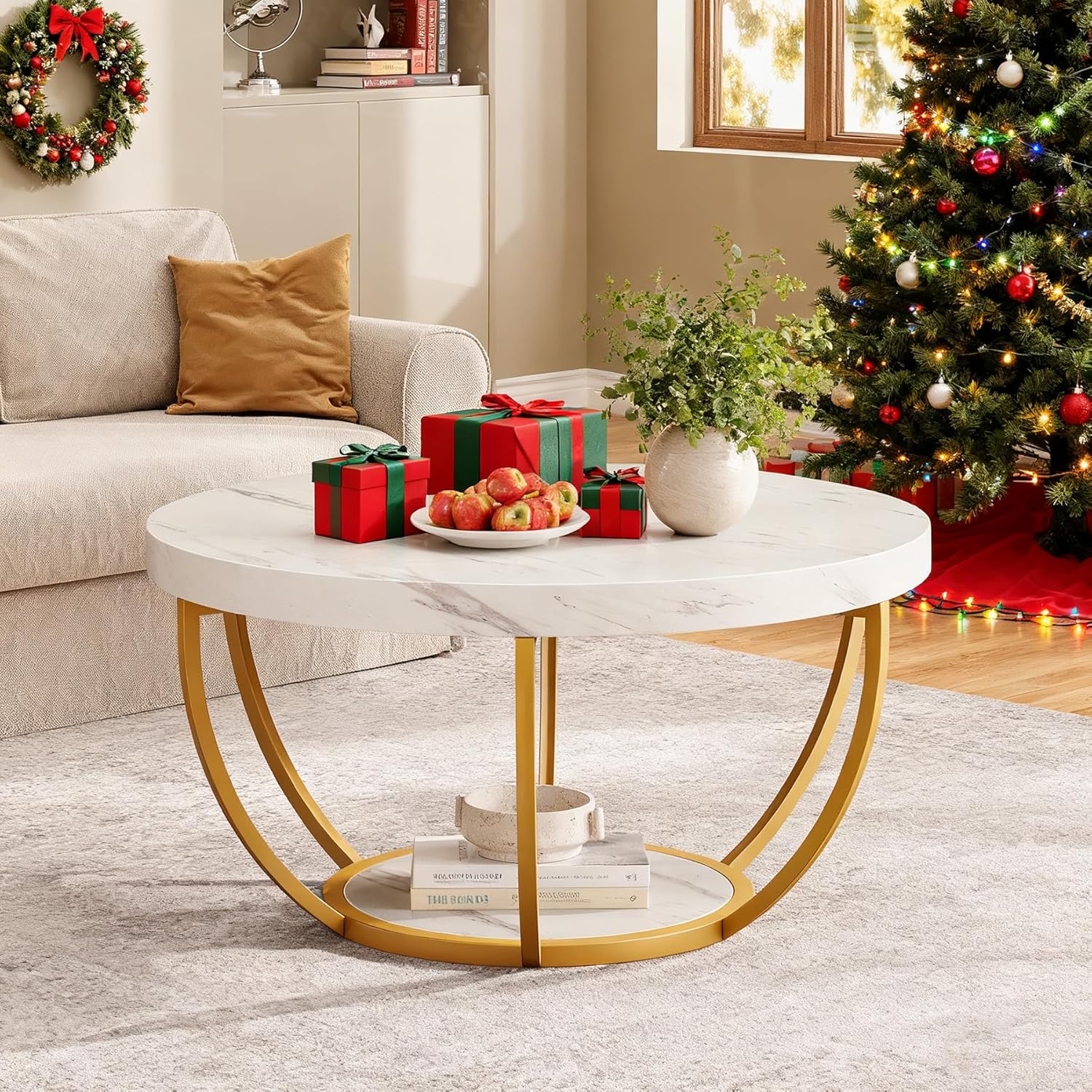 Round Wooden Coffee Table with 2-Tier Shelves