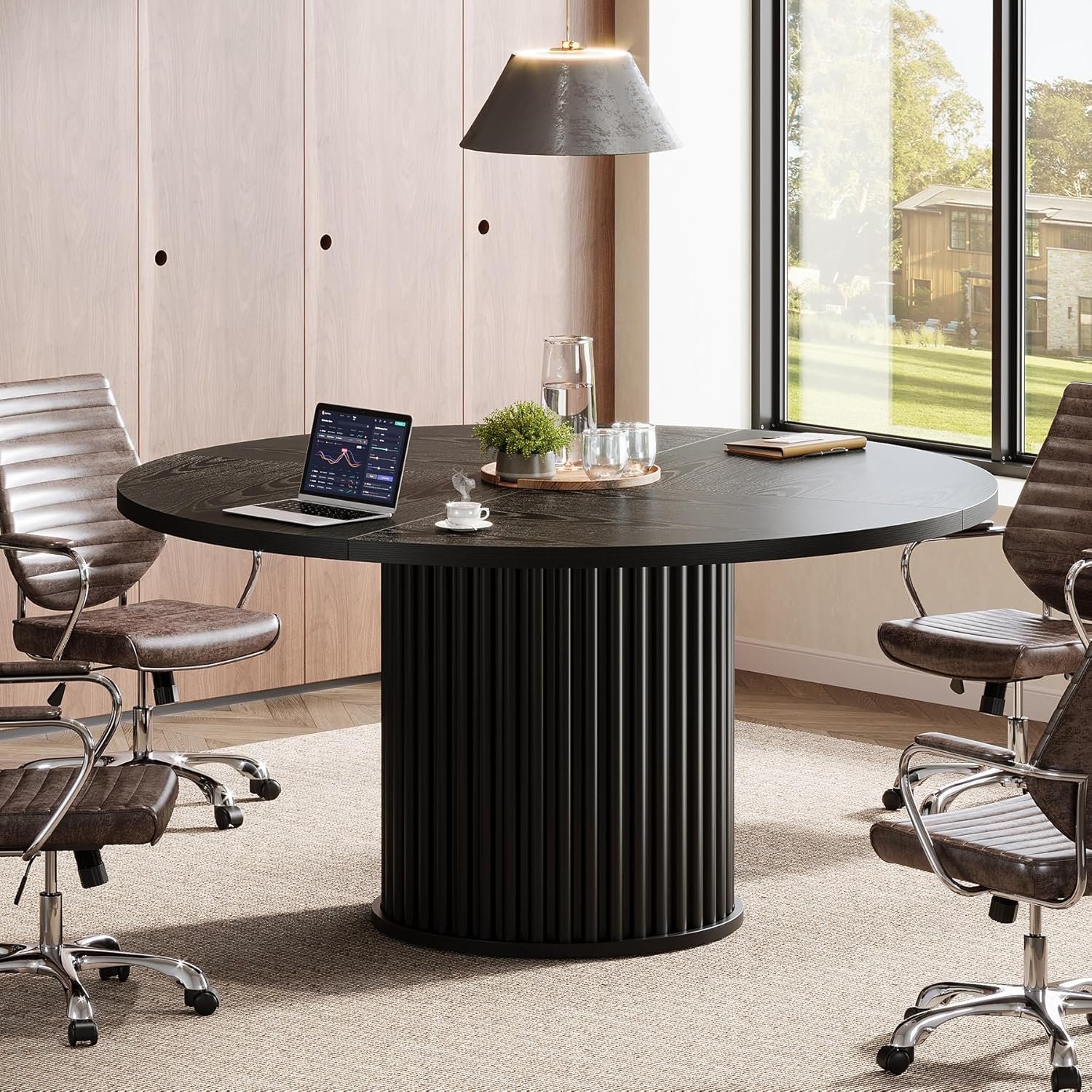 47" Round Conference Table for 4–6 People, Black Meeting Table with Sturdy Metal Base