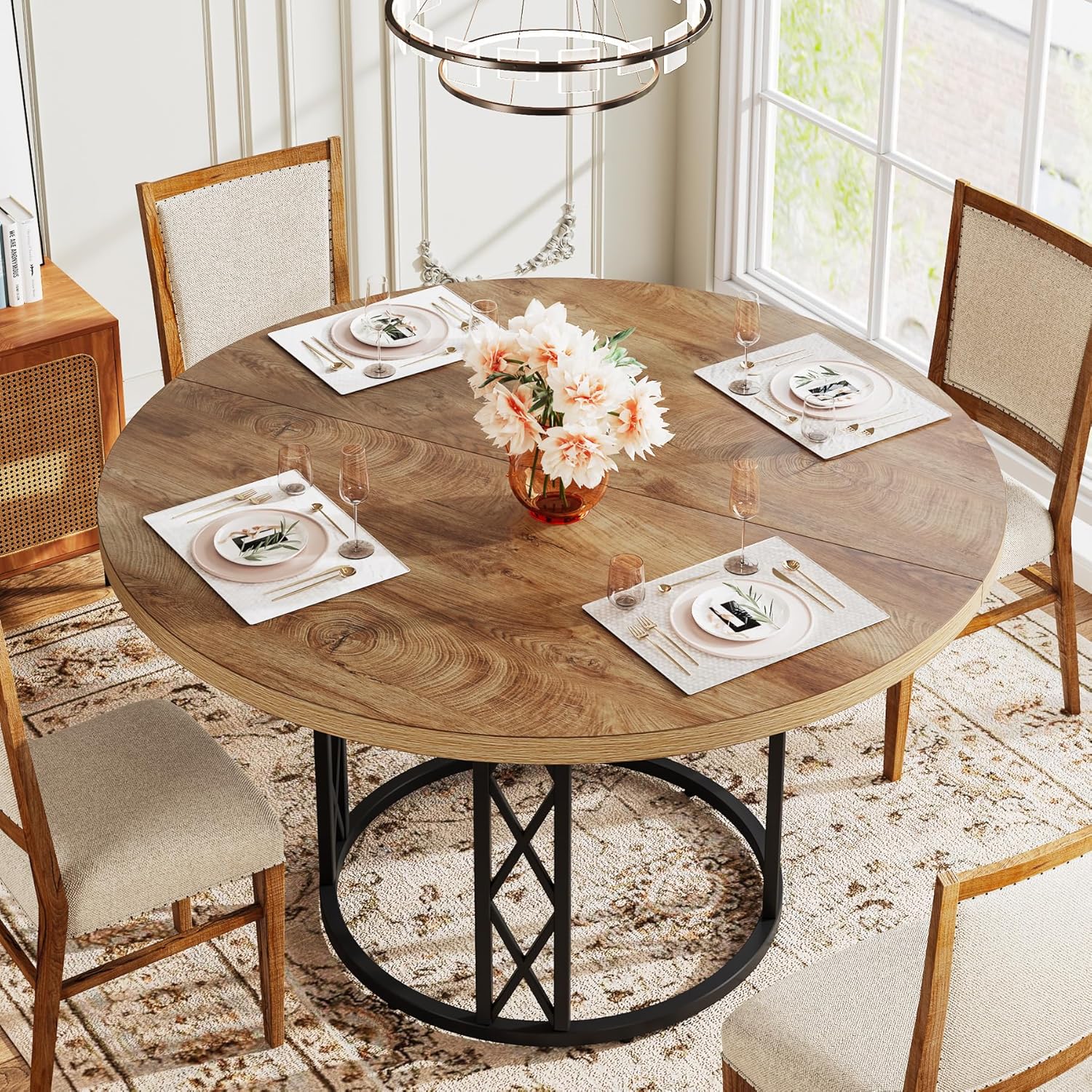 47" Round Dining Table - Rustic Wood Top & Metal Base for 4 People