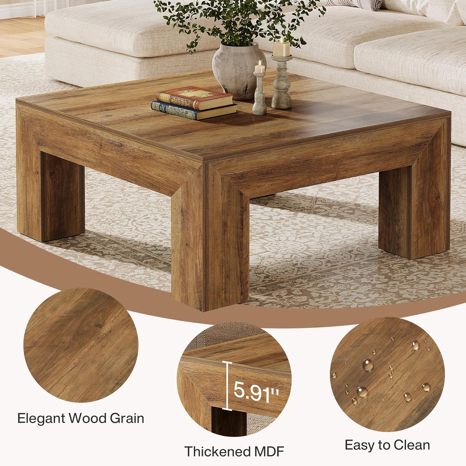 39" Square Rustic Farmhouse Coffee Table | MDF Top with Sturdy Wood Legs, Easy Assembly Cocktail Table in Brown