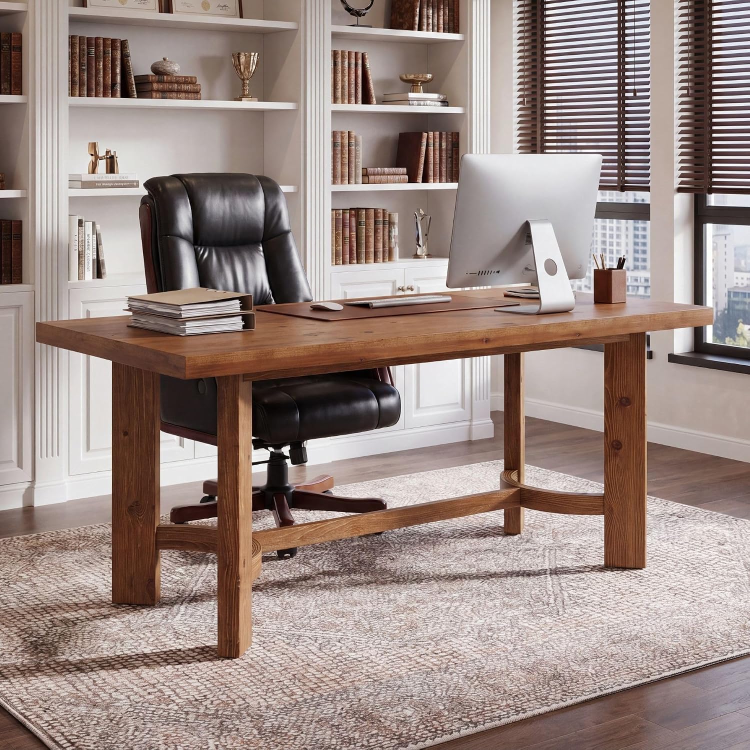 Tribesigns 63 Inch Solid Fir Wood Executive Desk with Crossbar, Oval Workstation for Home Office