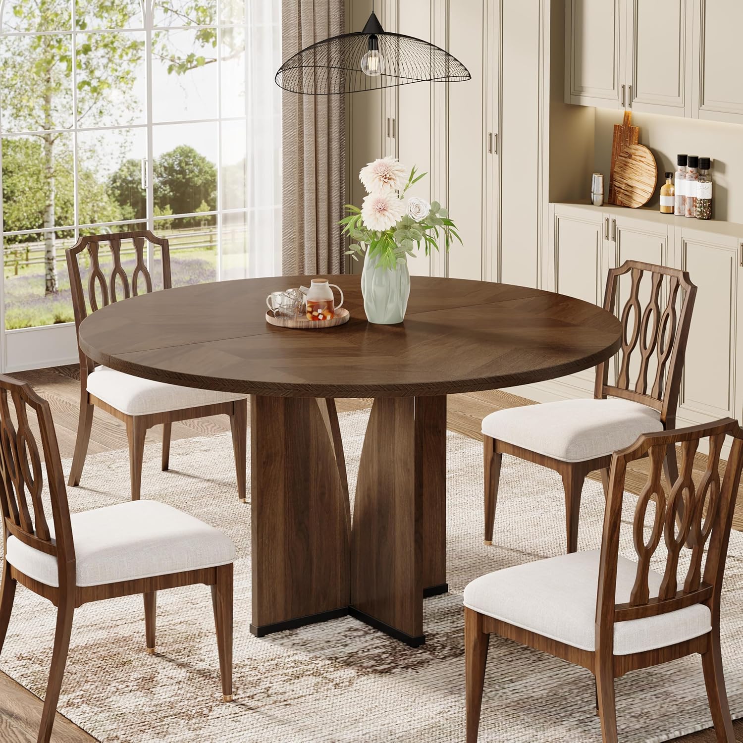 39.37" Round Farmhouse Dining Table with Pedestal Base for 4