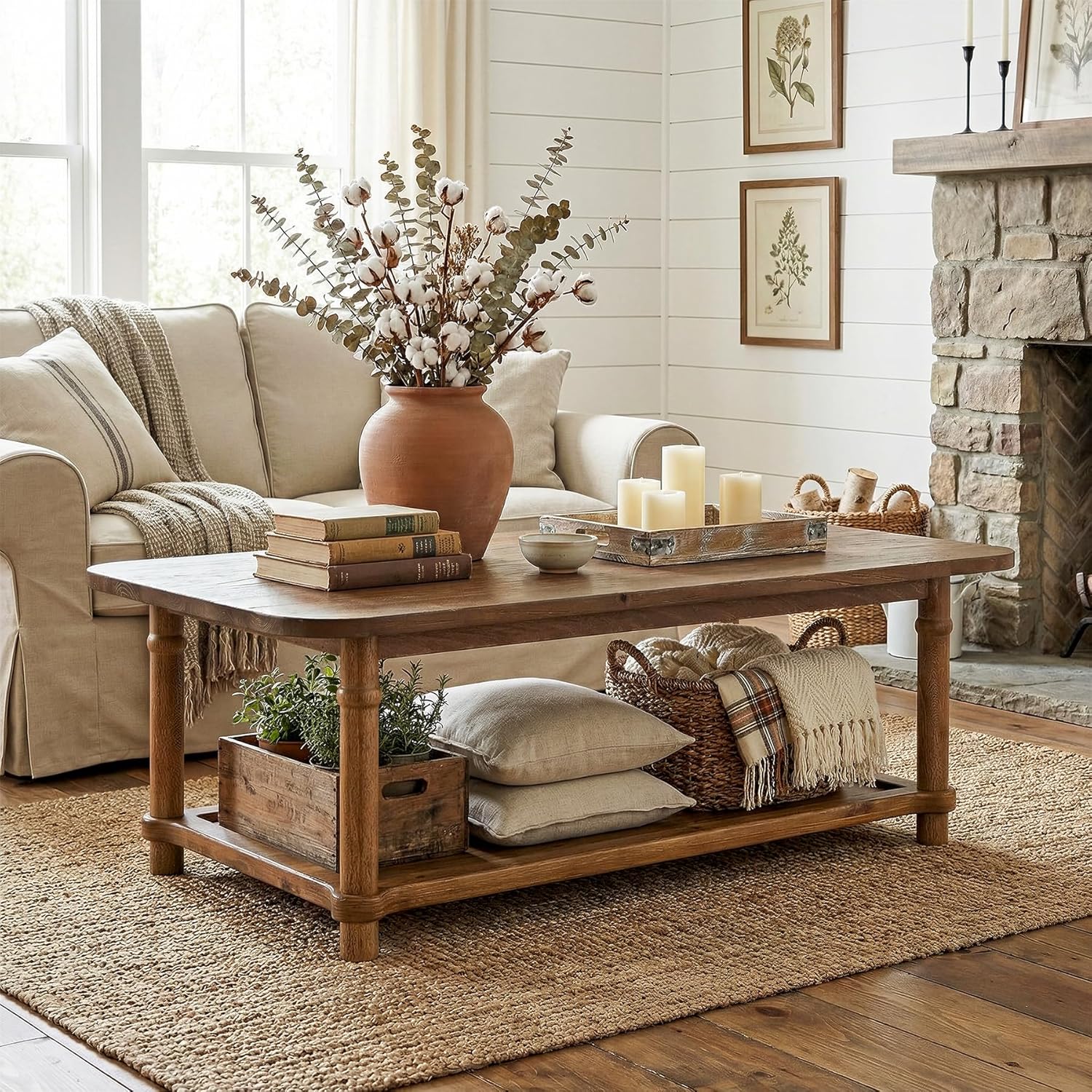 47-Inch Rectangle Coffee Table, Solid Wood 2-Tier Storage Table for Living Room