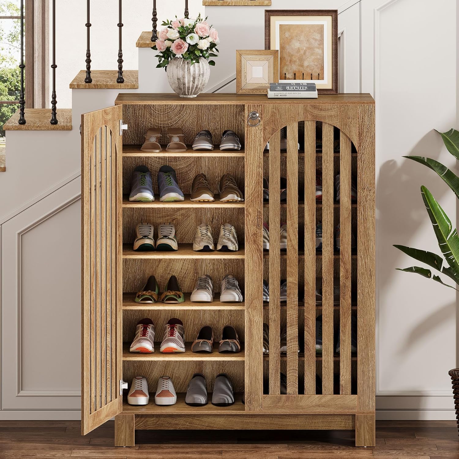 35" Oak 6-Tier Shoe Cabinet, Wooden Shoe Rack with Airy Doors & Adjustable Shelves
