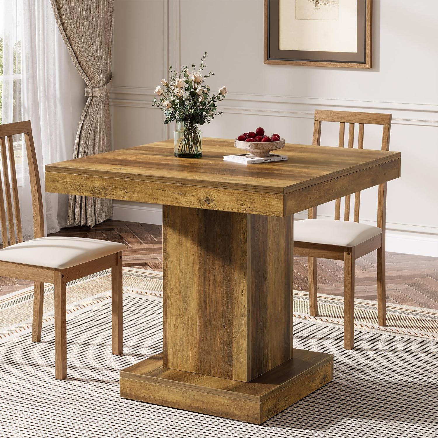 31.5-Inch Square Dining Table for 4, Farmhouse Wooden Kitchen Table with Pedestal Base