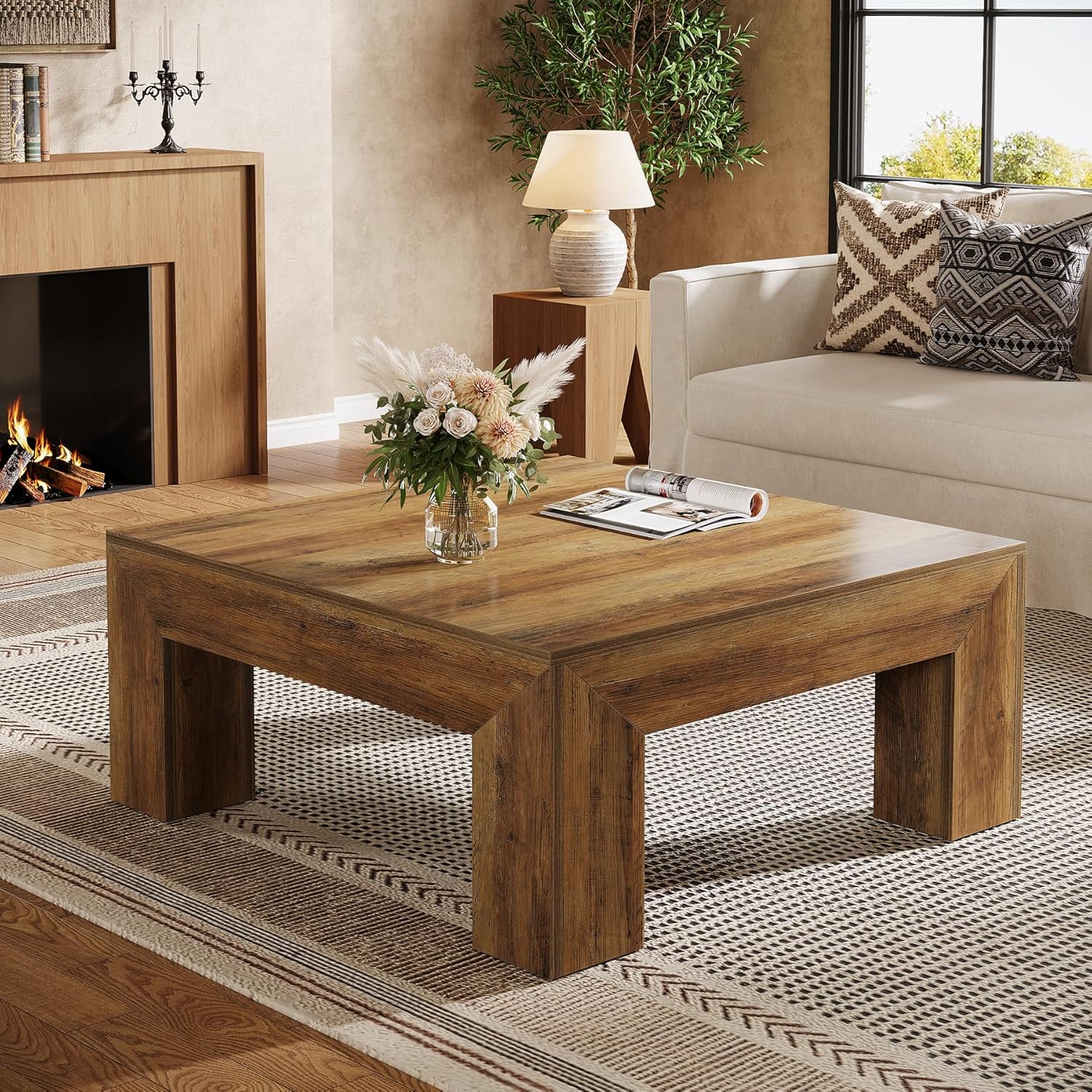 39" Square Rustic Farmhouse Coffee Table | MDF Top with Sturdy Wood Legs, Easy Assembly Cocktail Table in Brown