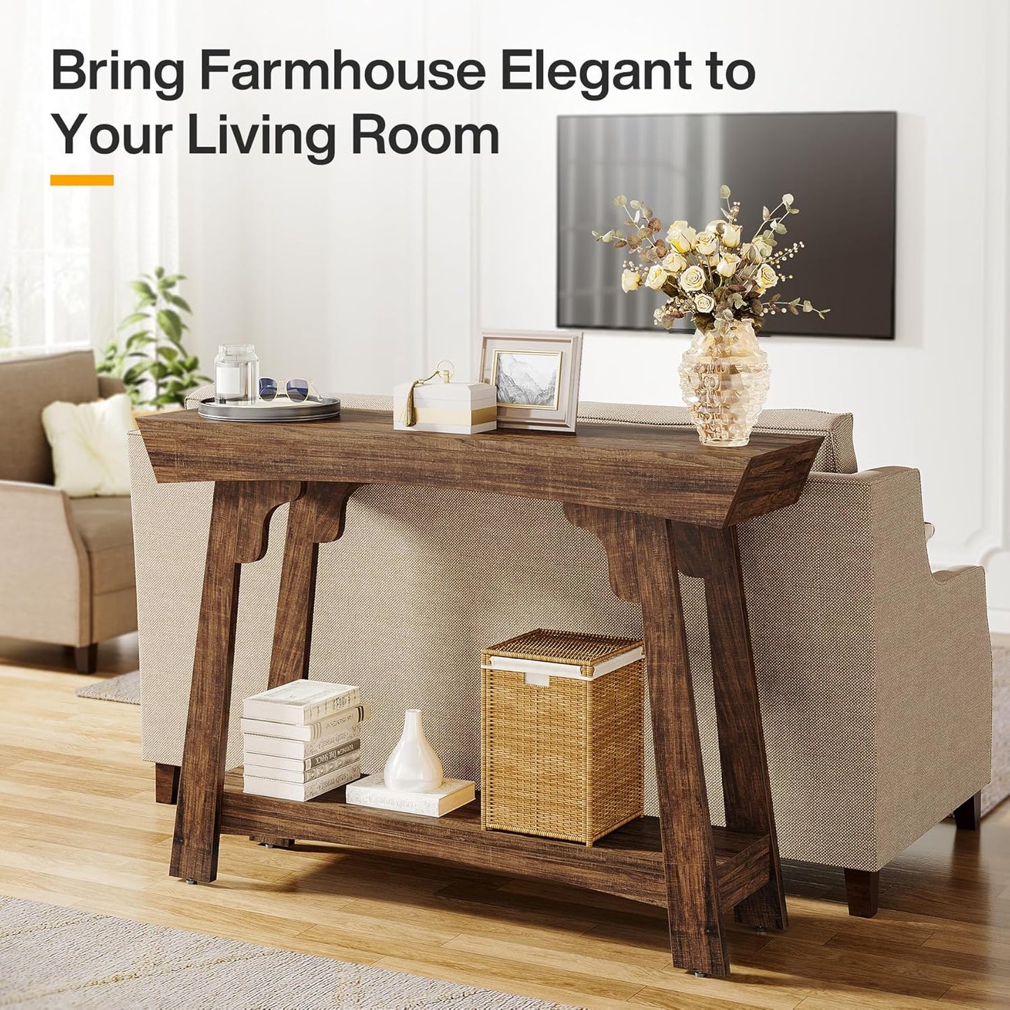 2-Tier Wood Entryway Table with Shelf with Storage, Farmhouse Narrow Sofa Table