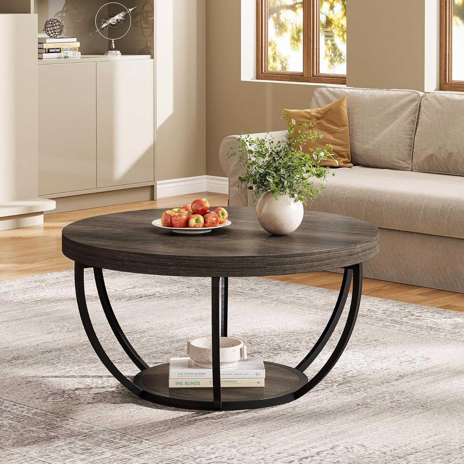 Round Wooden Coffee Table with 2-Tier Shelves