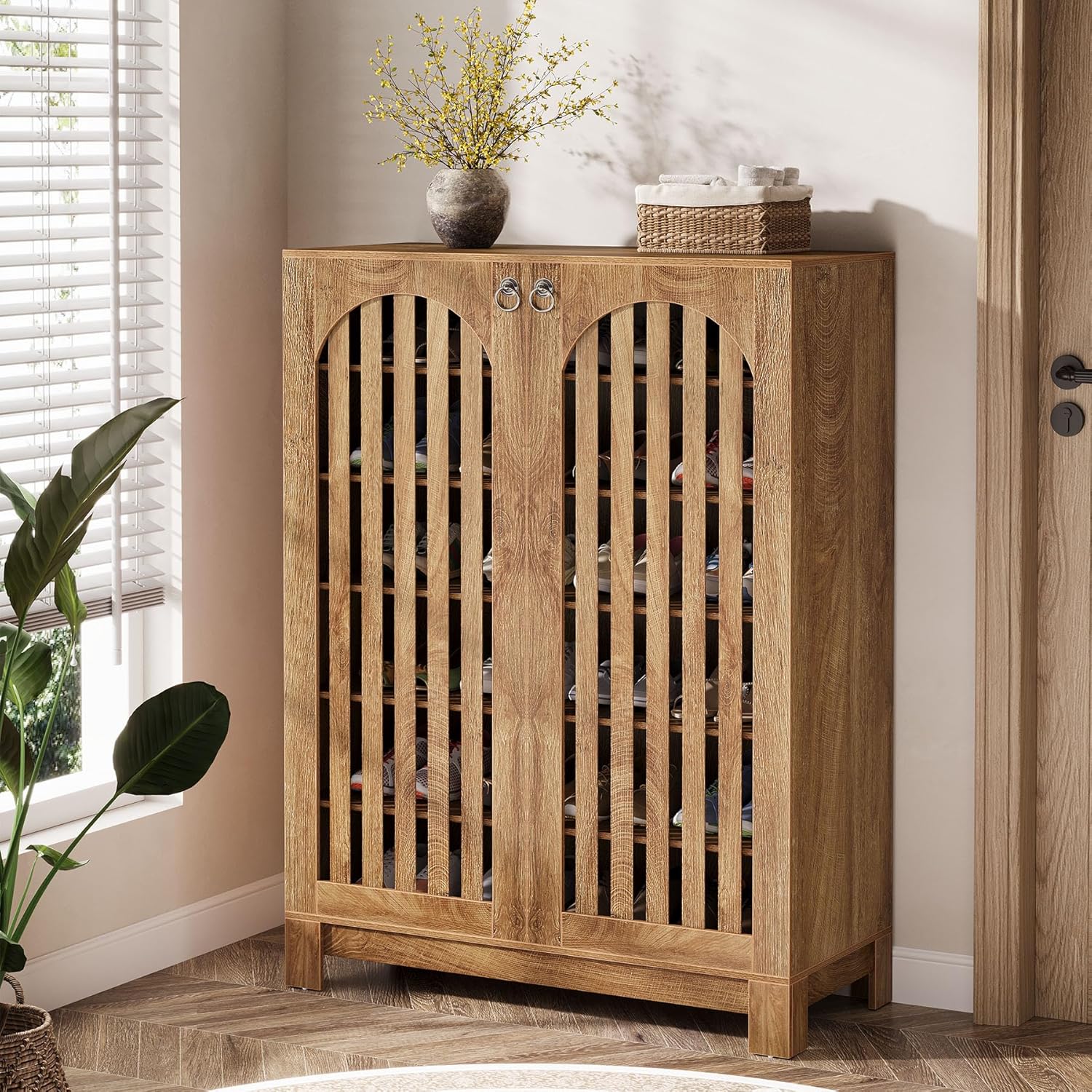 35" Oak 6-Tier Shoe Cabinet, Wooden Shoe Rack with Airy Doors & Adjustable Shelves