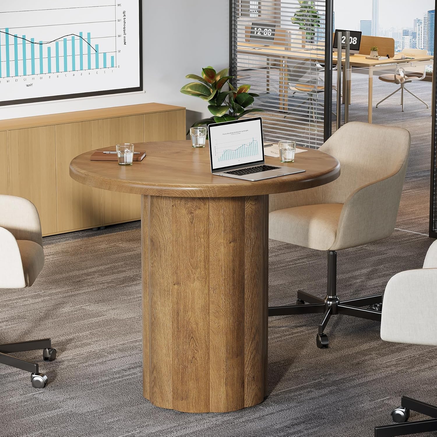 31.5" Round Conference Table - 4-Person Office Desk for Meeting Room & Lounge in Brown