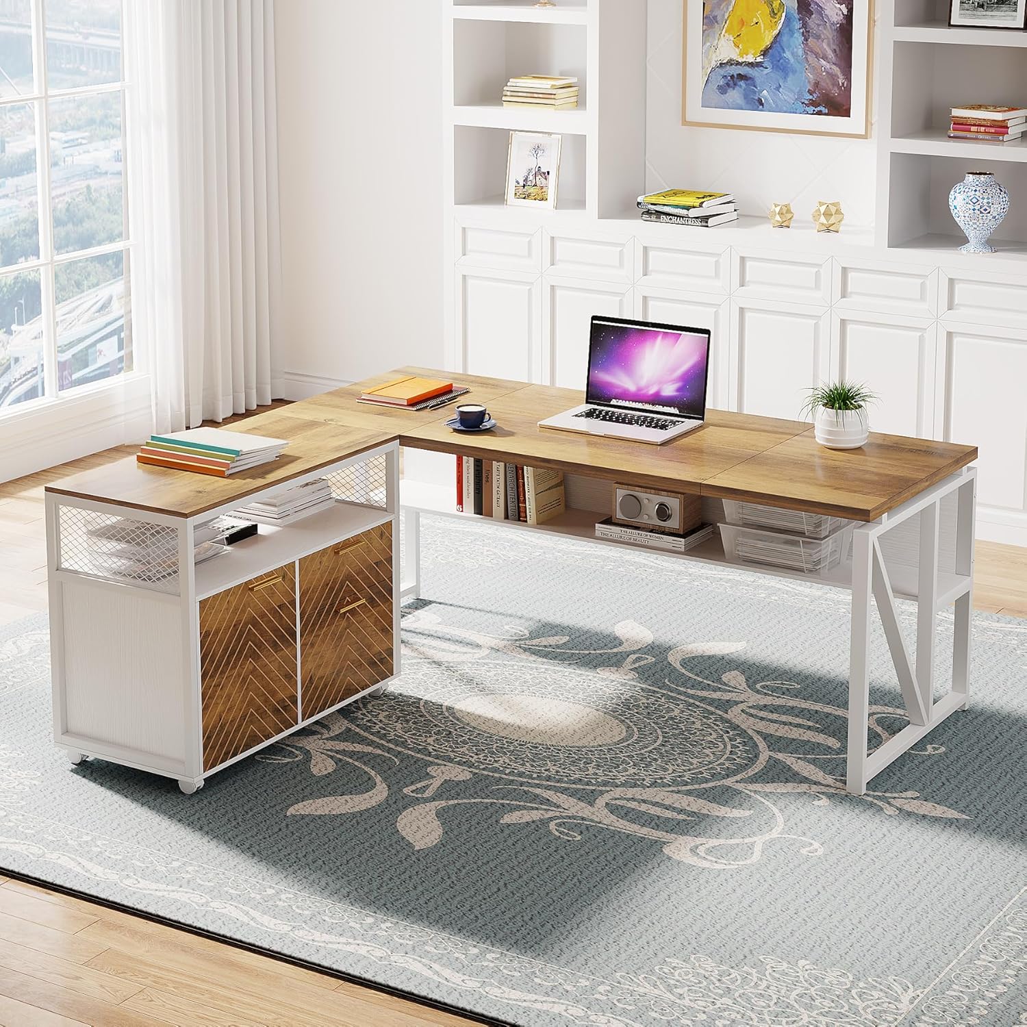 Tribesigns Modern File Cabinet with Drawers, Lateral Filing Cabinet Printer Stand with Storage Shelves and Rolling Casters for Home Office