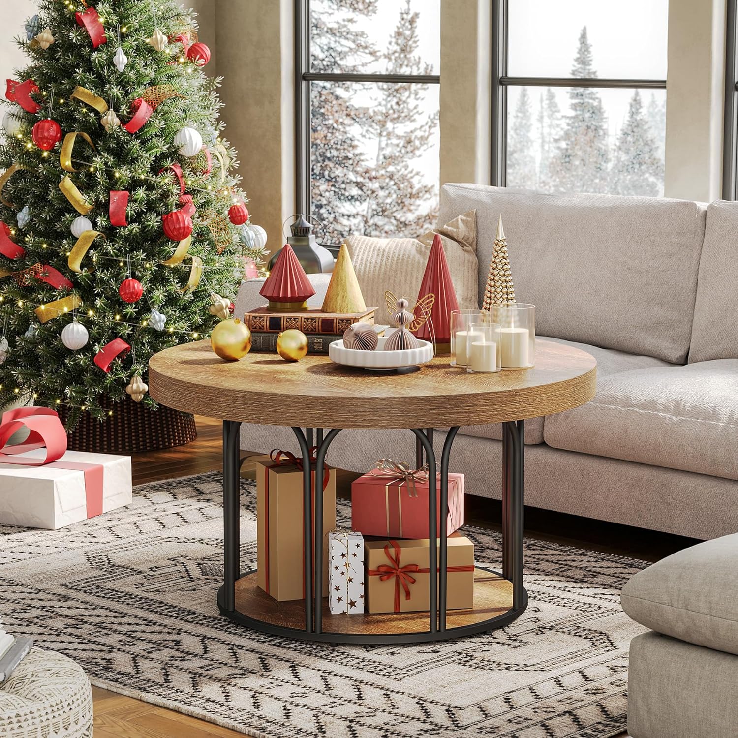 31.5-Inch Round Coffee Table with 2 Tiers and Storage, Farmhouse Wooden Center Table