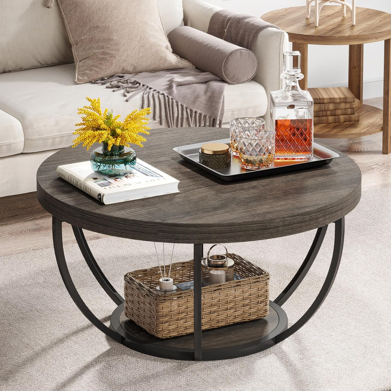 Round Wooden Coffee Table with 2-Tier Shelves